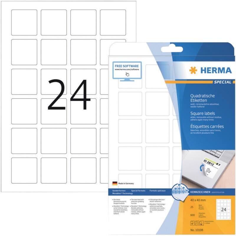 HERMA Wiederablösbare Etiketten 10108 Weiß Quadratisch 600 Etiketten pro Packung