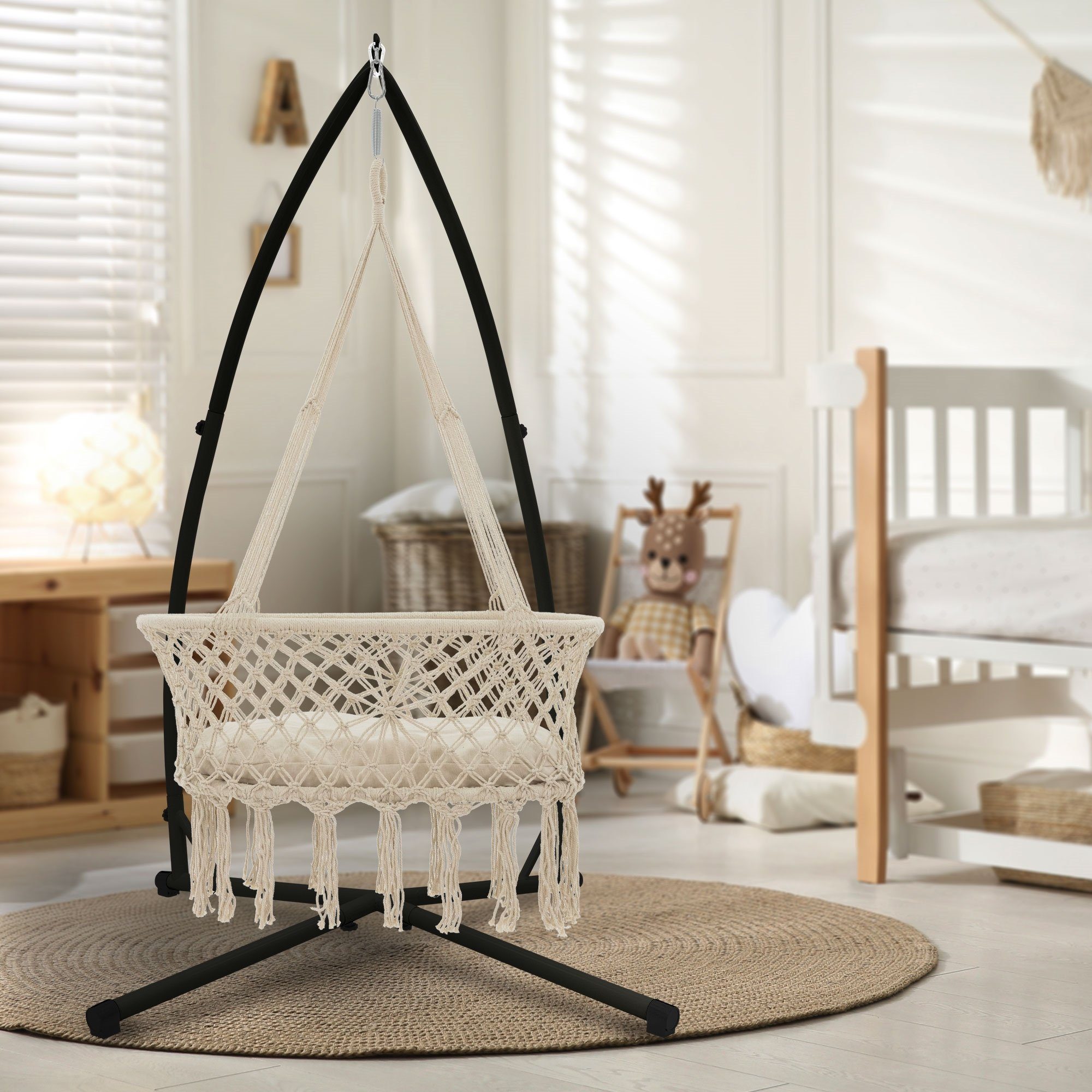 ML-DESIGN Hängematte Baby Wiege Hängewiege Hängematte Hängekorb Federwiege, Gestell Schwarz 208cm Liegekissen höhenverstellbar Deckenhalterung