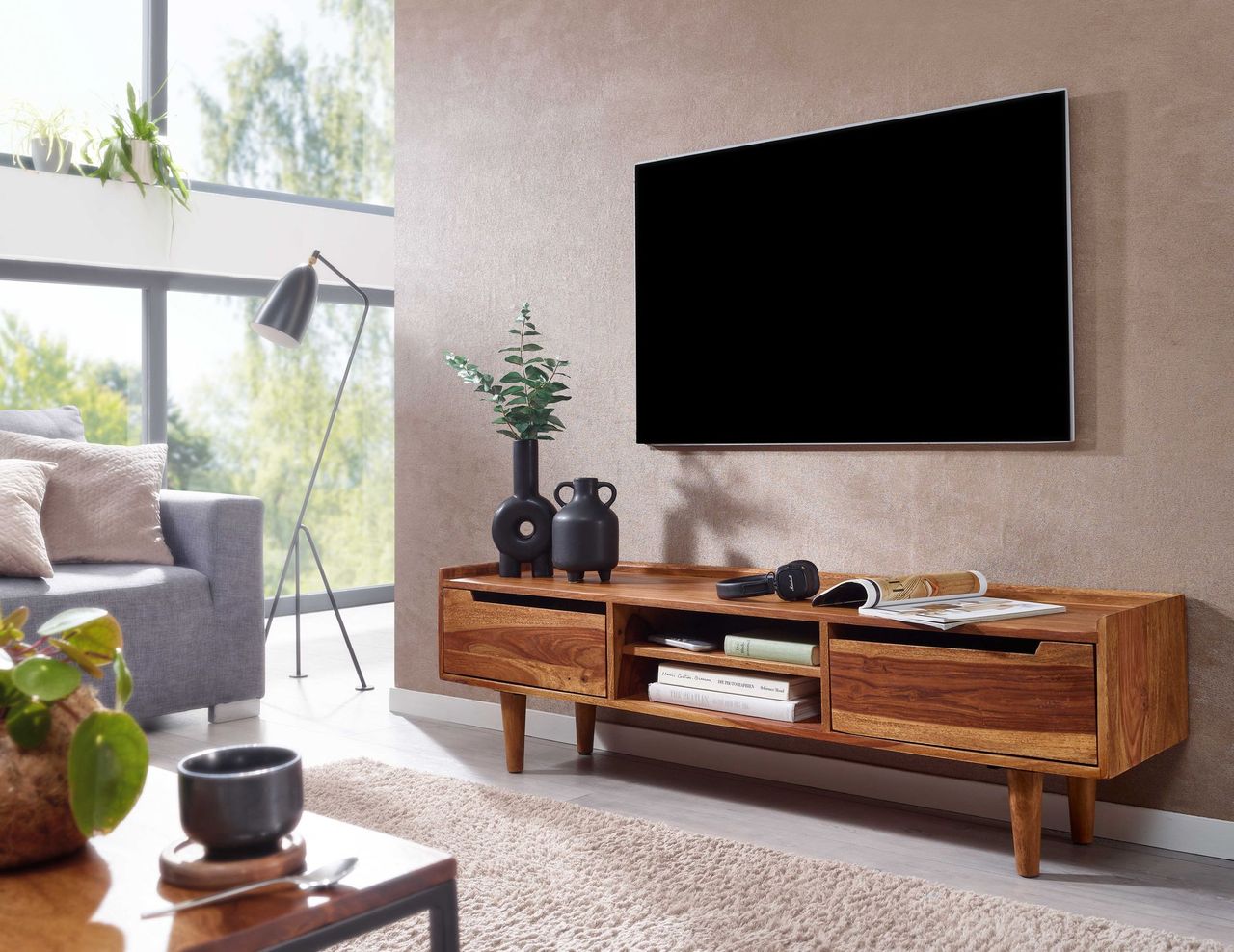 Skyport WOHNLING TV Schrank 145x43x35 cm Lowboard Holz Fernsehkommode Fernsehschrank