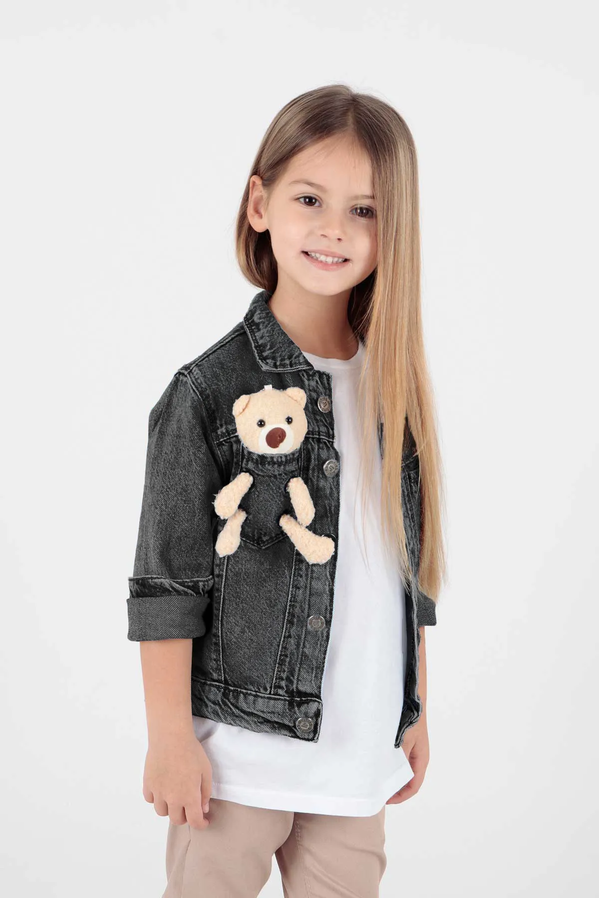 AHENGİM  Mädchen-Jeansjacke aus Baumwolle mit Teddybär-Motiv, lässig, modisch, Ak22176023