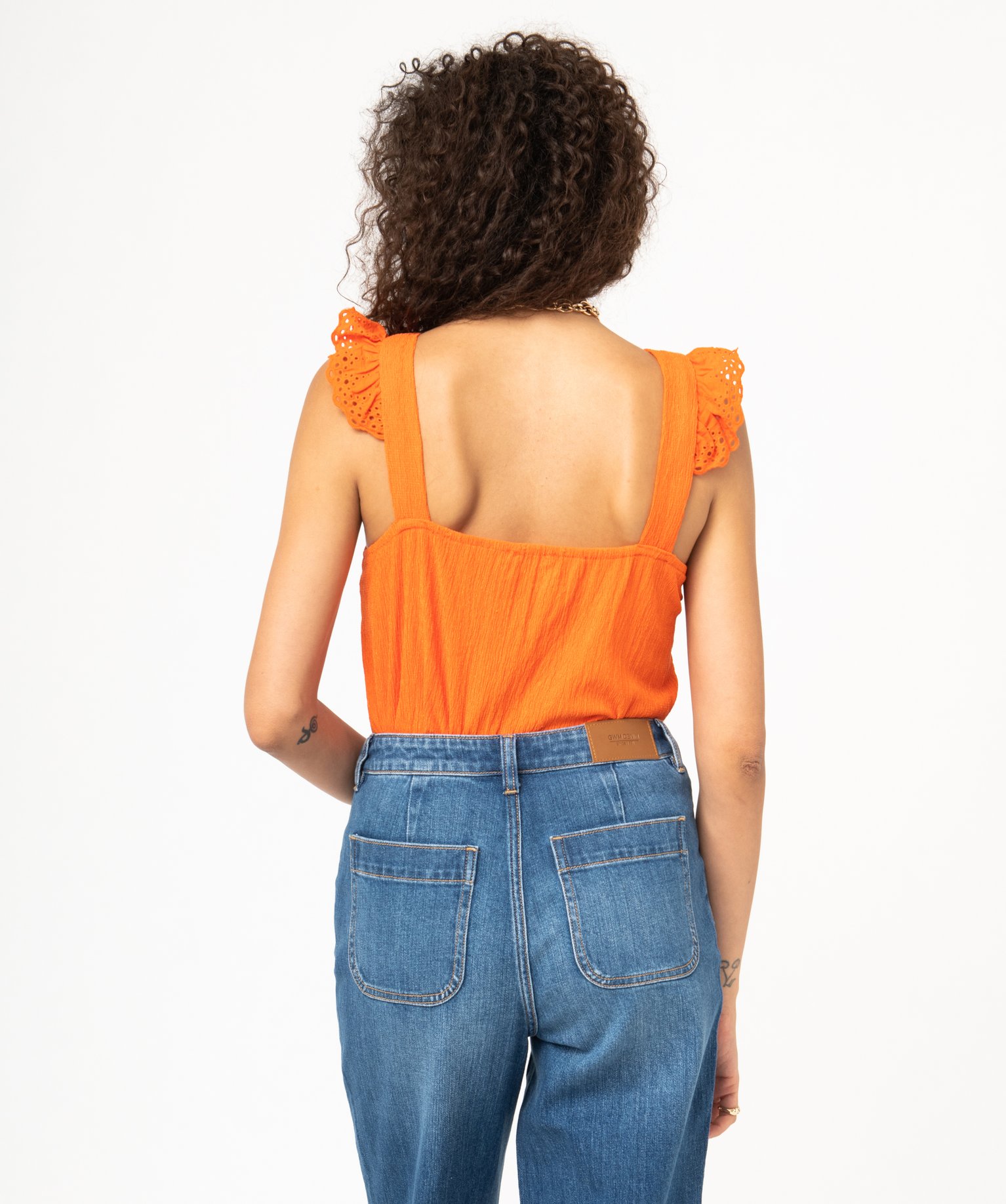 Débardeur à col V et volants en broderie anglaise femme orange | GEMO