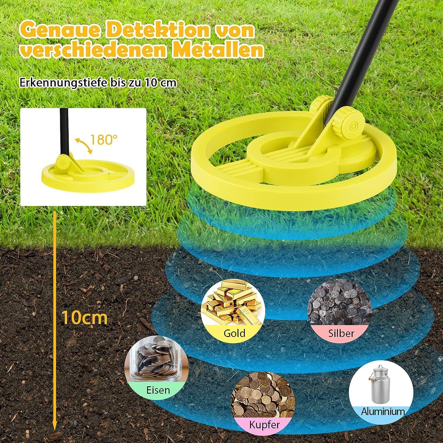 KOMFOTTEU Metalldetektor für Kinder, mit verstellbarem Stiel (64-84 cm)