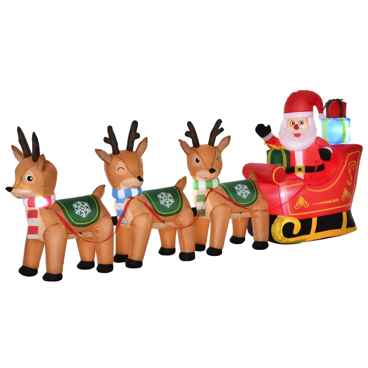 HOMCOM Aufblasbarer Weihnachtsmann auf Schlitten mit 3 Hirschen 1,3 m Weihnachtsdekoration mit Lichtern Weihnachten Gärten Dekoration automatisches Aufblasen wetterfest Polyester 319 x 59 x 132 cm