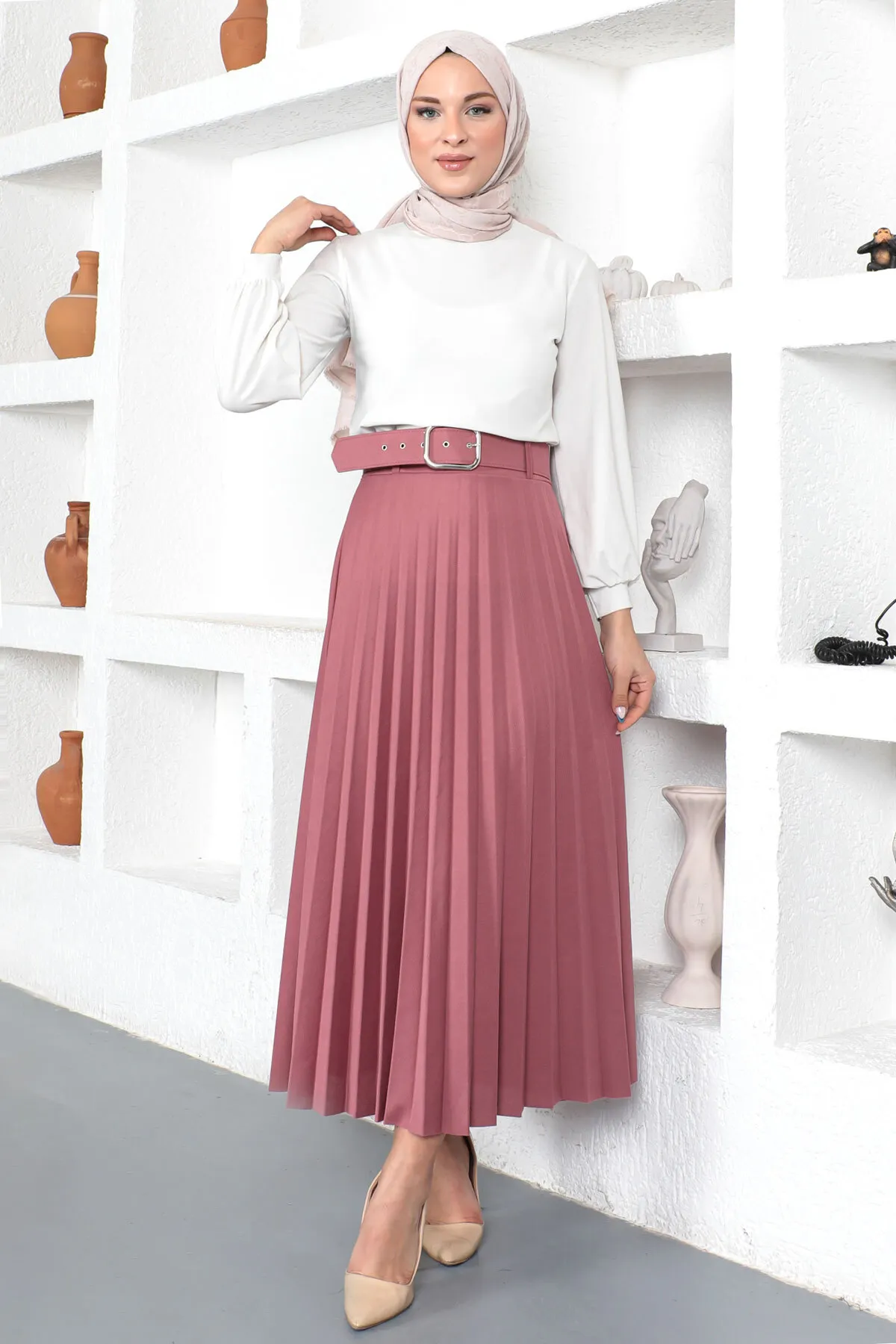 Tesettür Dünyası  Faltenrock mit Gürtel Tsd230113 Dusty Rose