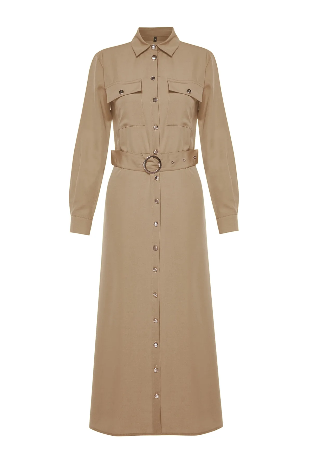 Trendyol Modest  Beiges gewebtes Hemdblusenkleid mit goldenen Knöpfen TCTSS24EB00132