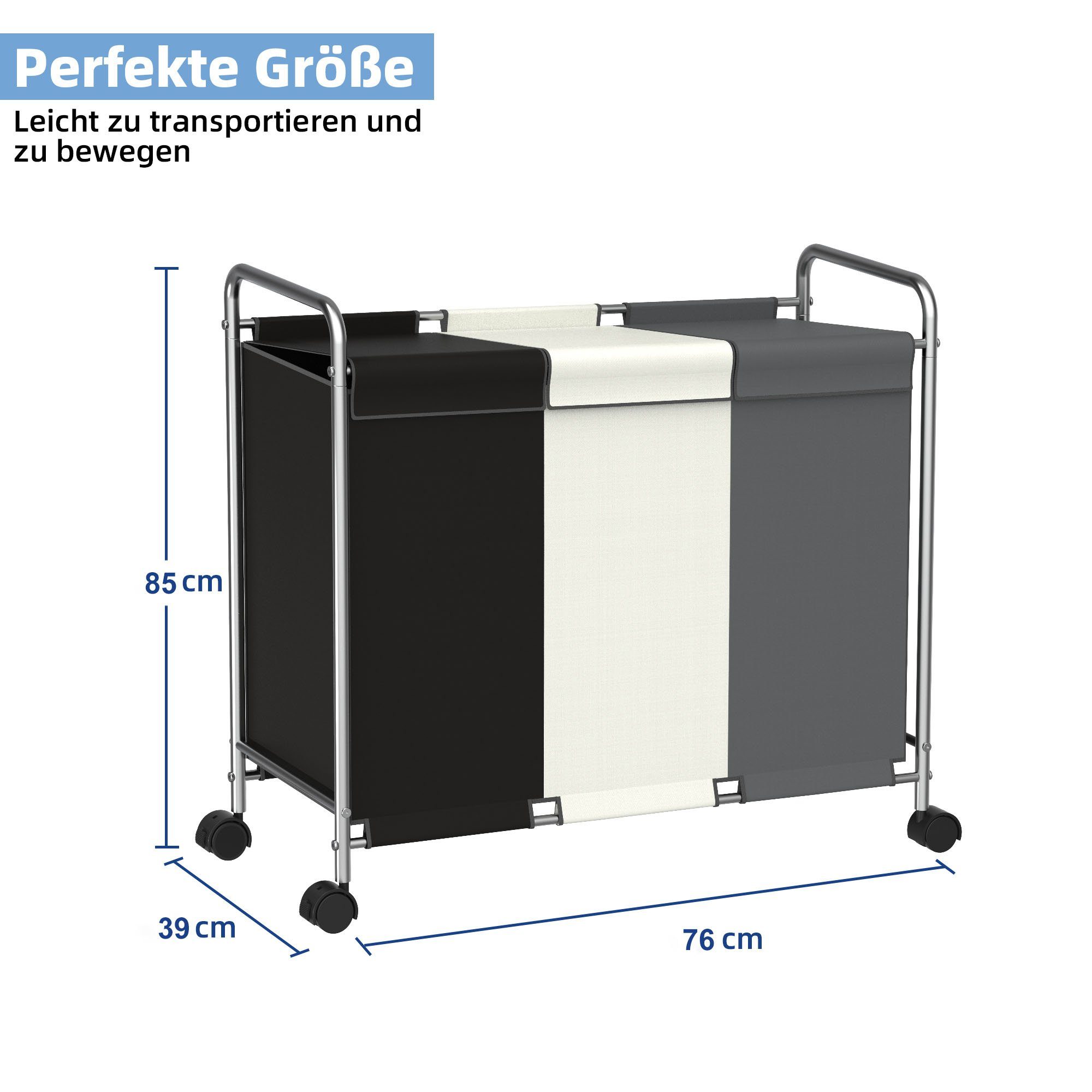 NEFOSO Wäschekorb Wäschesammler 3 fächer mit Deckel, 150L wäschesortierer für Waschküche, 600D Oxford-Gewebe, wäsche sortiersystem mit Rädern, 76 x 39 x 85 cm
