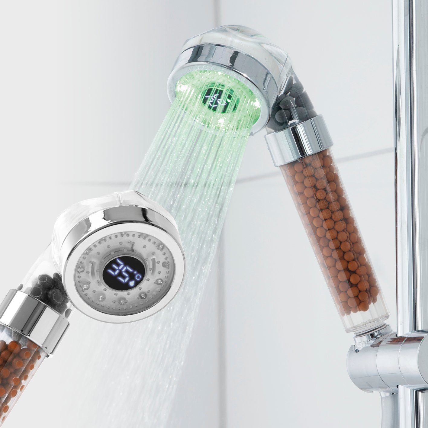 EASYmaxx Regenduschkopf LED-Farbwechsel 6cm mit Mineralkugeln, (1-tlg), Wassersparendender Spa Duschkopf, Digitale Temperaturanzeige