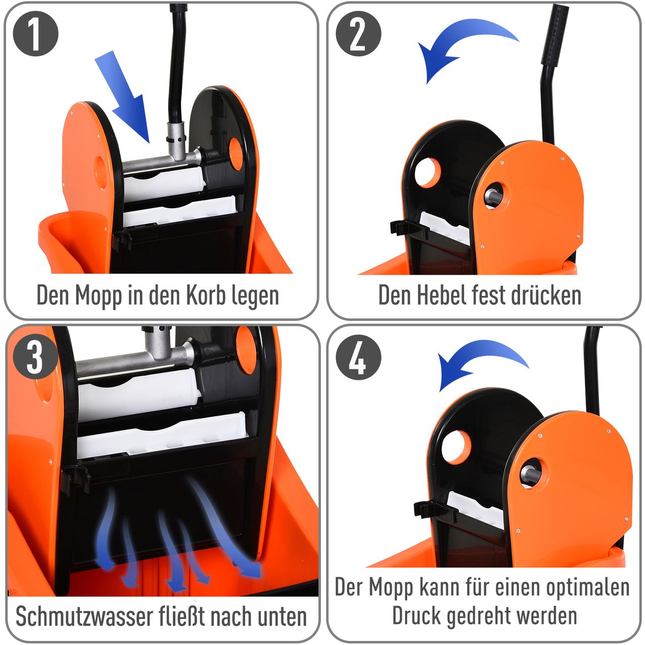 HOMCOM Reinigungswagen Fahreimer Putzeimer Wischwagen mit Auswringvorrichtung 36 Liter, Schwarz Orange, 54 x 41 x 91,5 cm