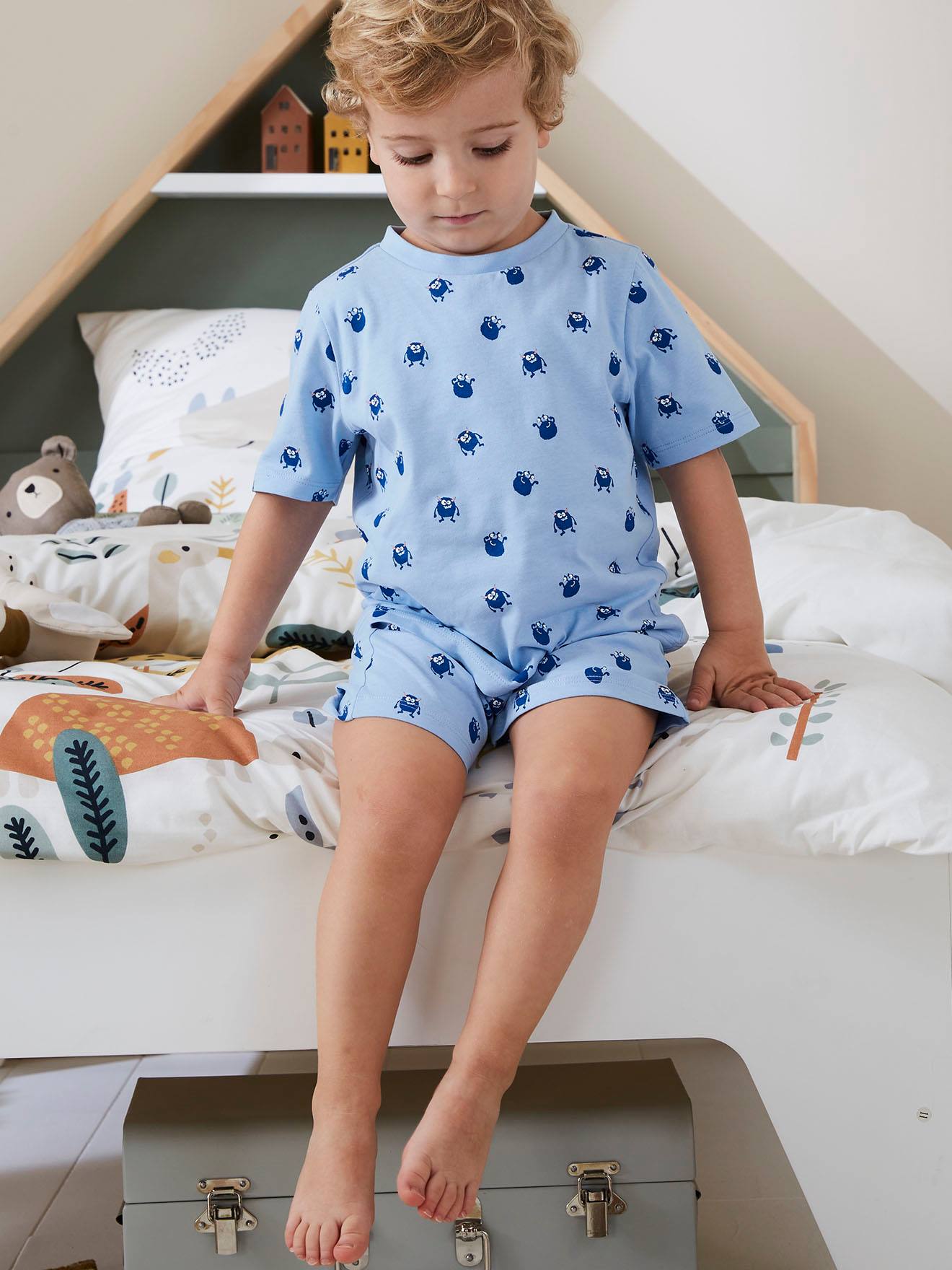 Pyjashort maille nid d'abeille imprimé monstres garçon bleu ciel