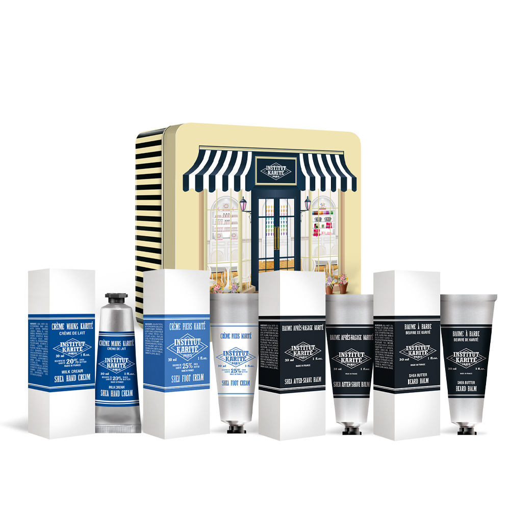 Institut Karité Paris Coffret Métal Men - Crème Mains, Crème Pieds, Baume à Barbe, Baume Après-Rasage Trousse Soins Homme