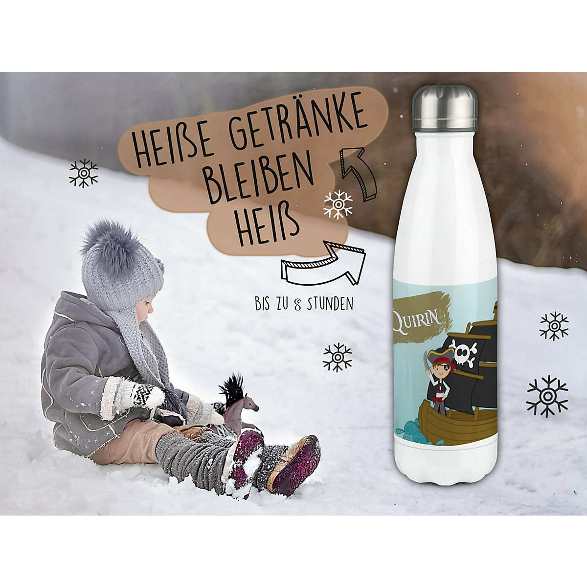 Edelstahl Kinder Thermoflasche / Trinkflasche bunt Pirat Spülmaschinenfest, Auslaufsicher, Bruchfest, Doppelwandig, Für Heißgetränke geeignet, Mit Deckel, Isoliert