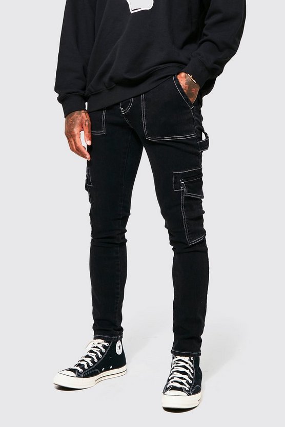 Skinny Stretch Cargo-Jeans mit Kontrast-Naht