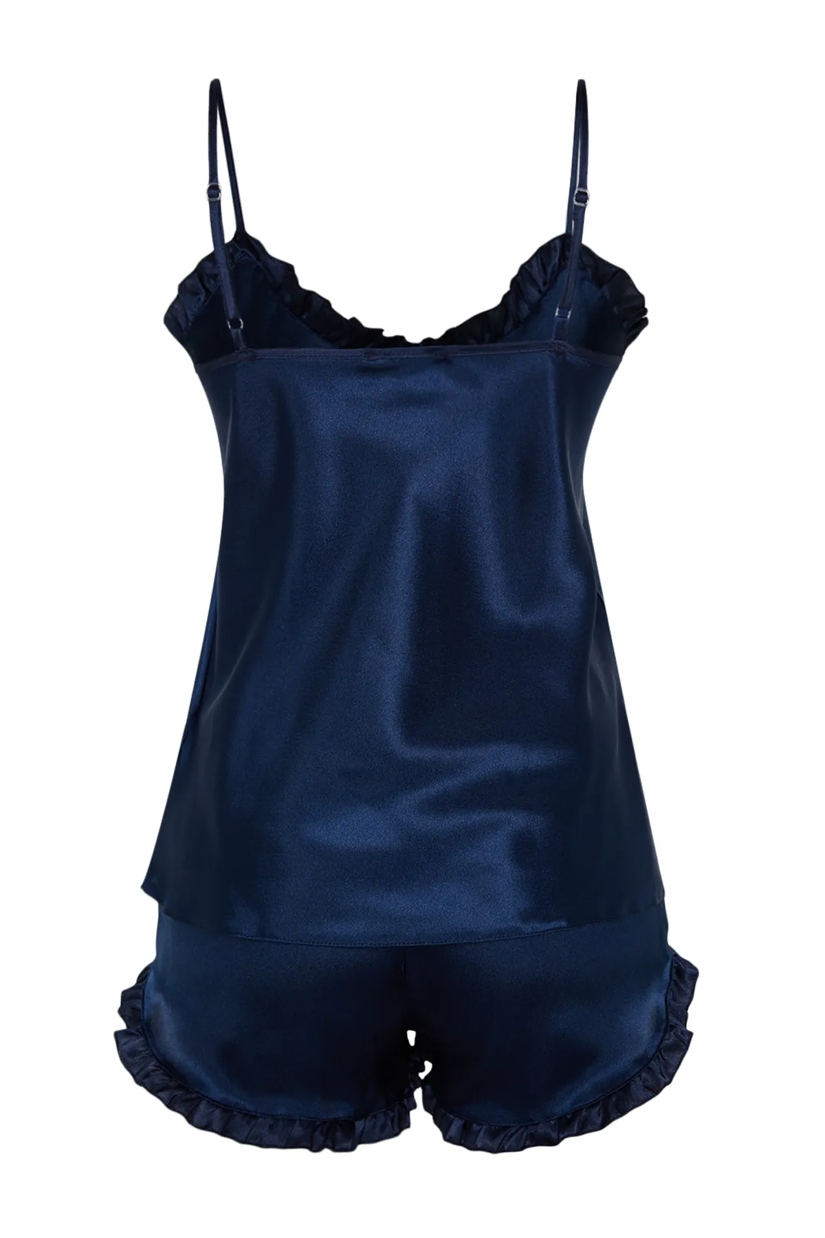 Trendyol Collection  Marineblaues Pyjama-Set aus gewebtem Satin mit Rüschen und Seilträgern THMSS22PT0274