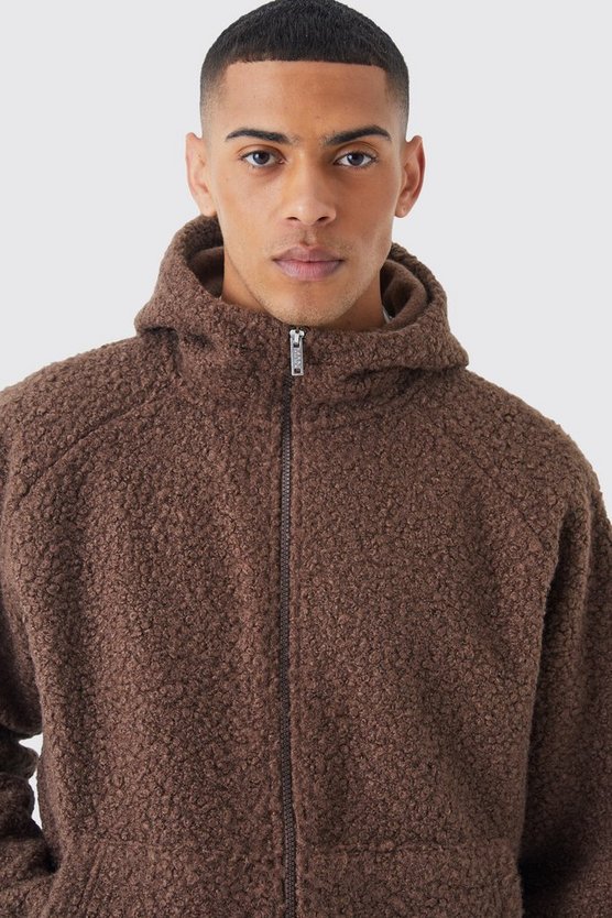 Kastiger Oversize Bouclee Borg-Hoodie mit Reißverschluss
