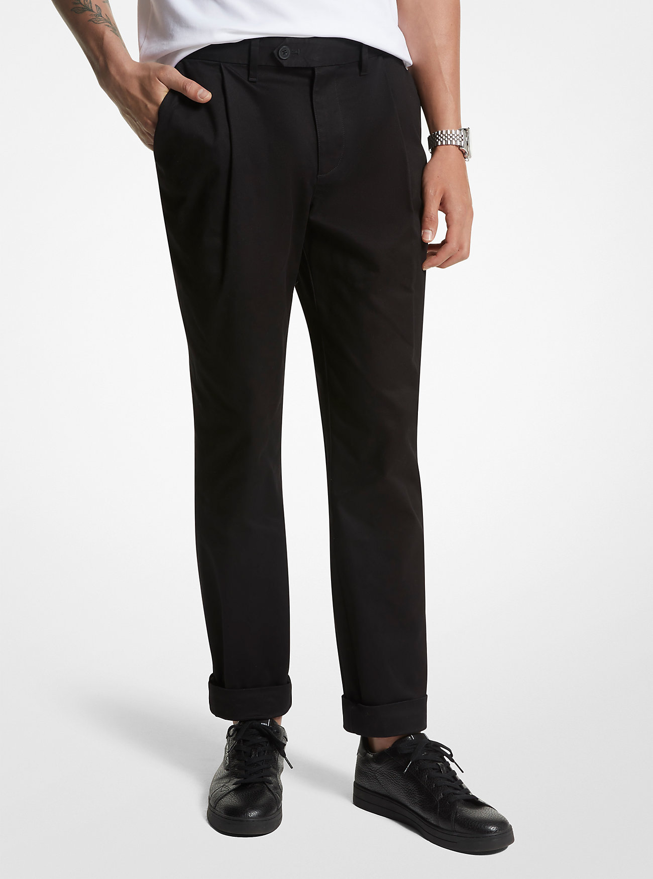 Pantaloni in cotone elasticizzato con risvolto - NERI