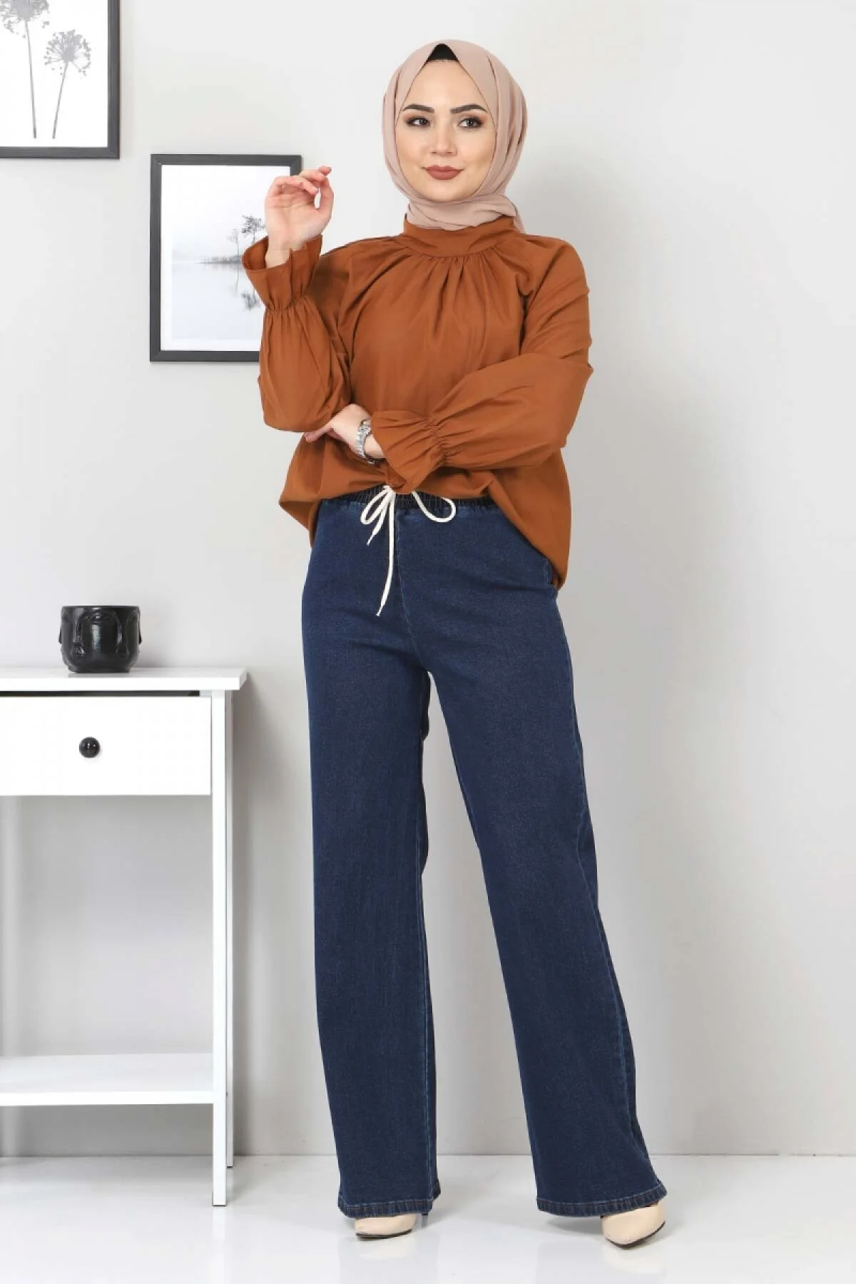 Tesettür Dünyası  Jeanshose mit weitem Bein und elastischer Taille Tsd22045 Dunkelblau