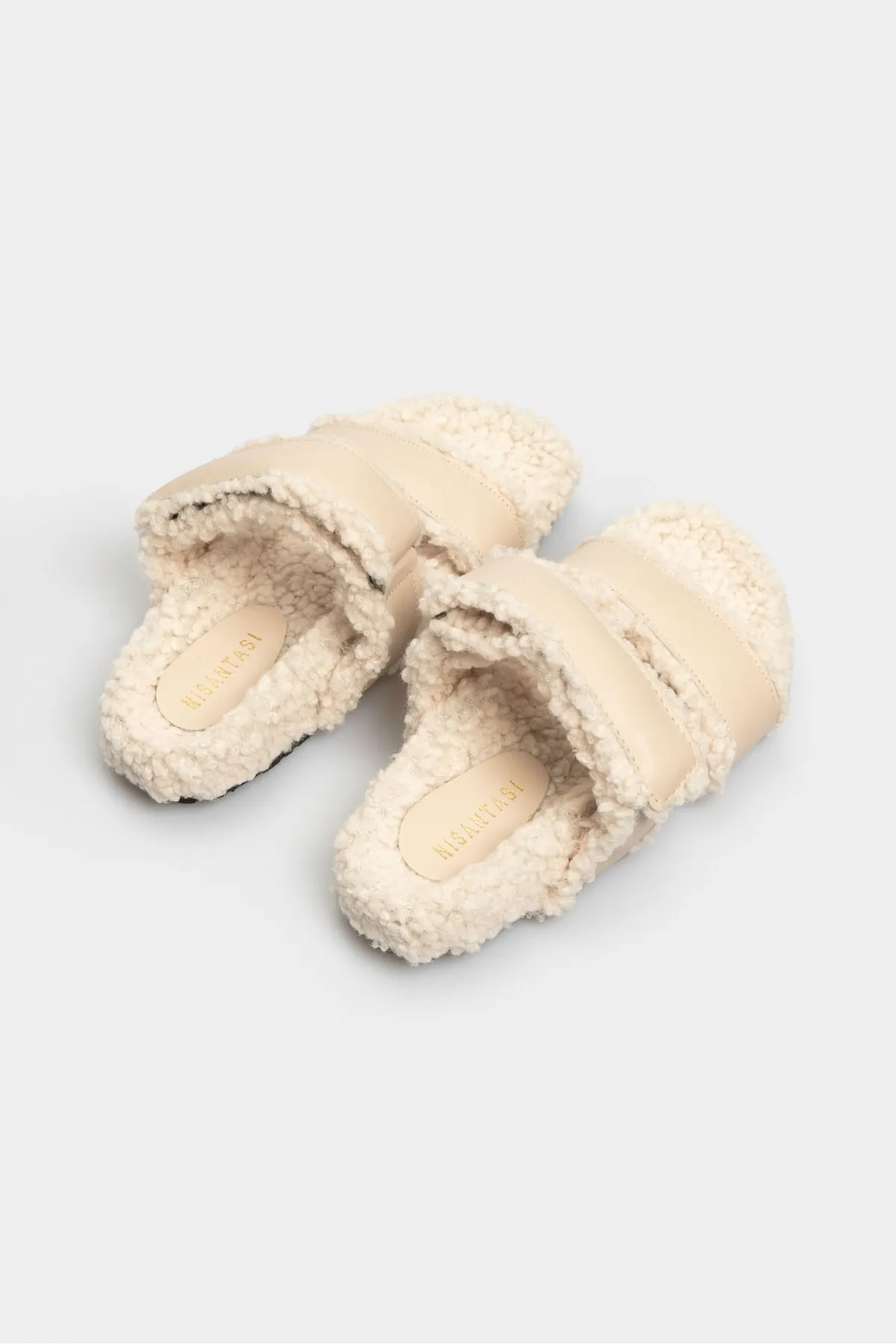 NİŞANTAŞI SHOES  Barrow Beige Matte Damen-Hausschuhe mit Klettverschluss und flacher Sohle