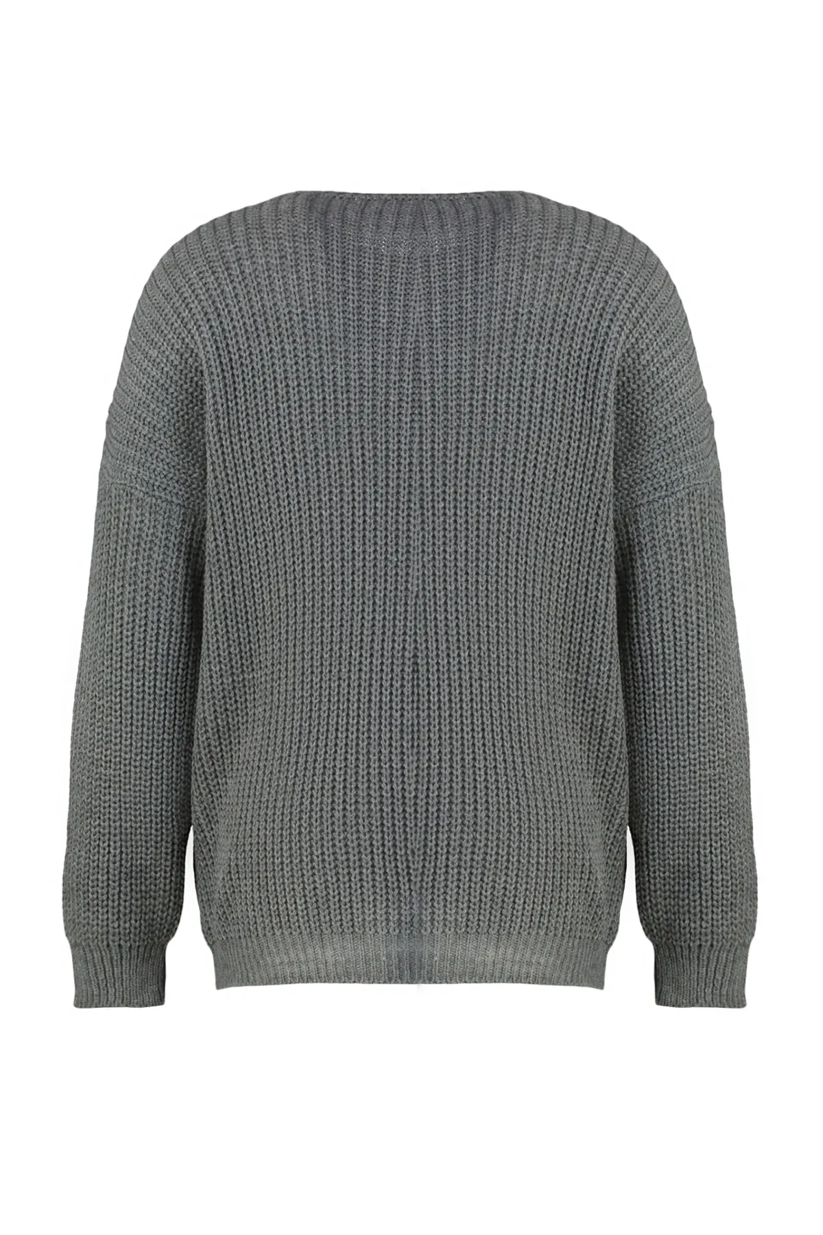 Trendyol Curve  Anthrazitfarbener Strickpullover mit Kreuzspitze und detailliertem Detail