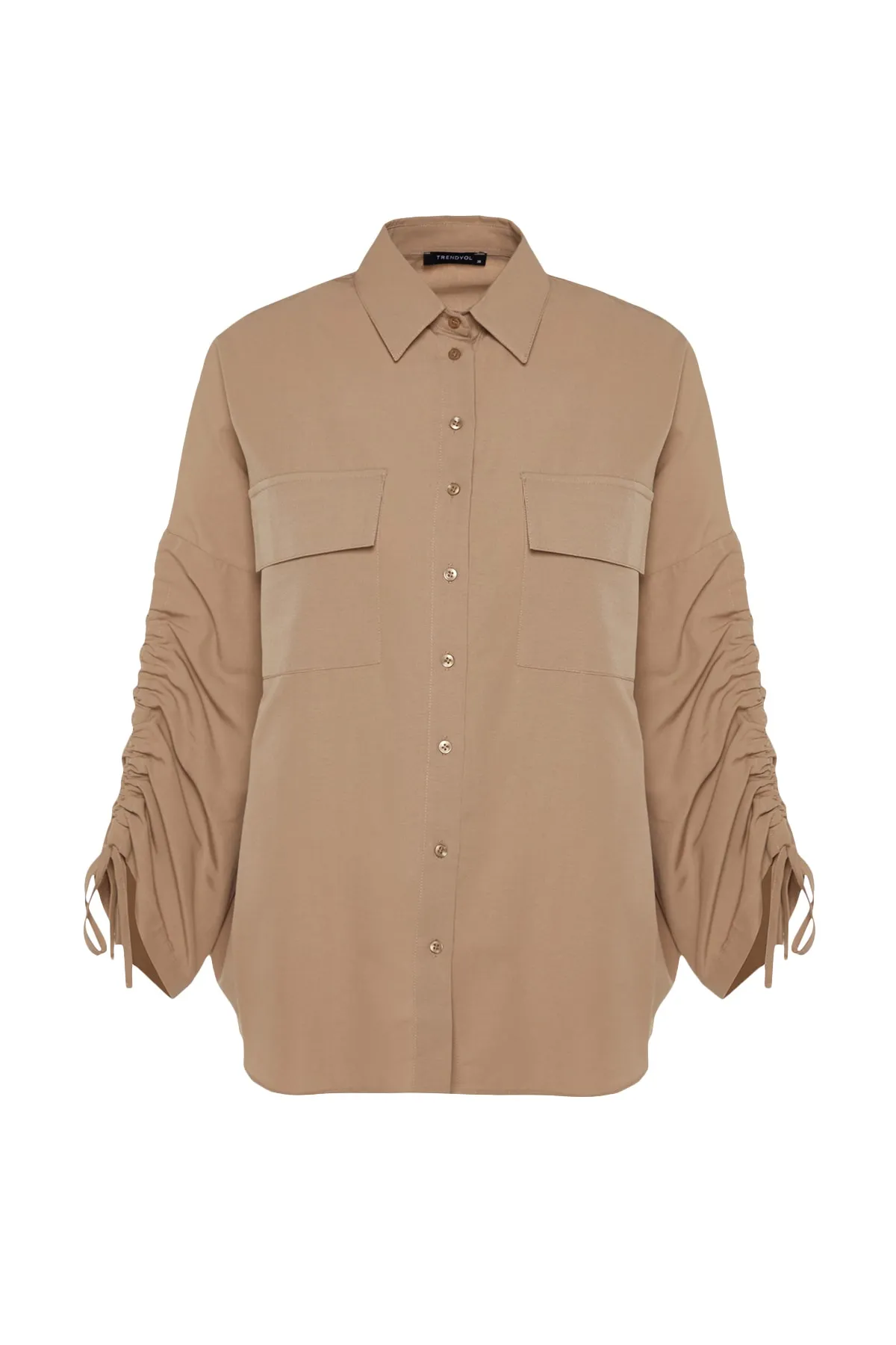Trendyol Modest  Gewebtes Baumwollhemd mit steinfarbenen Ärmeln, verstellbarem Kordelzug und Detail TCTSS23TG00011