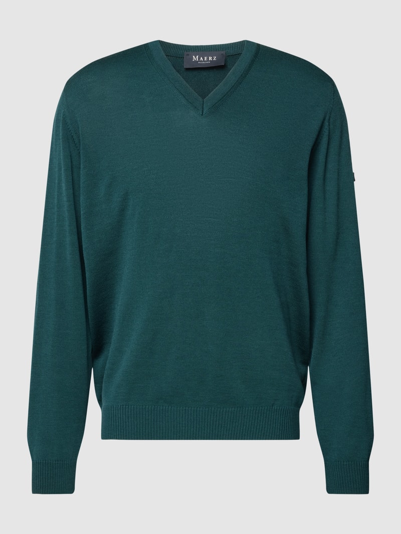 Strickpullover mit Label-Patch in dunkelgrün