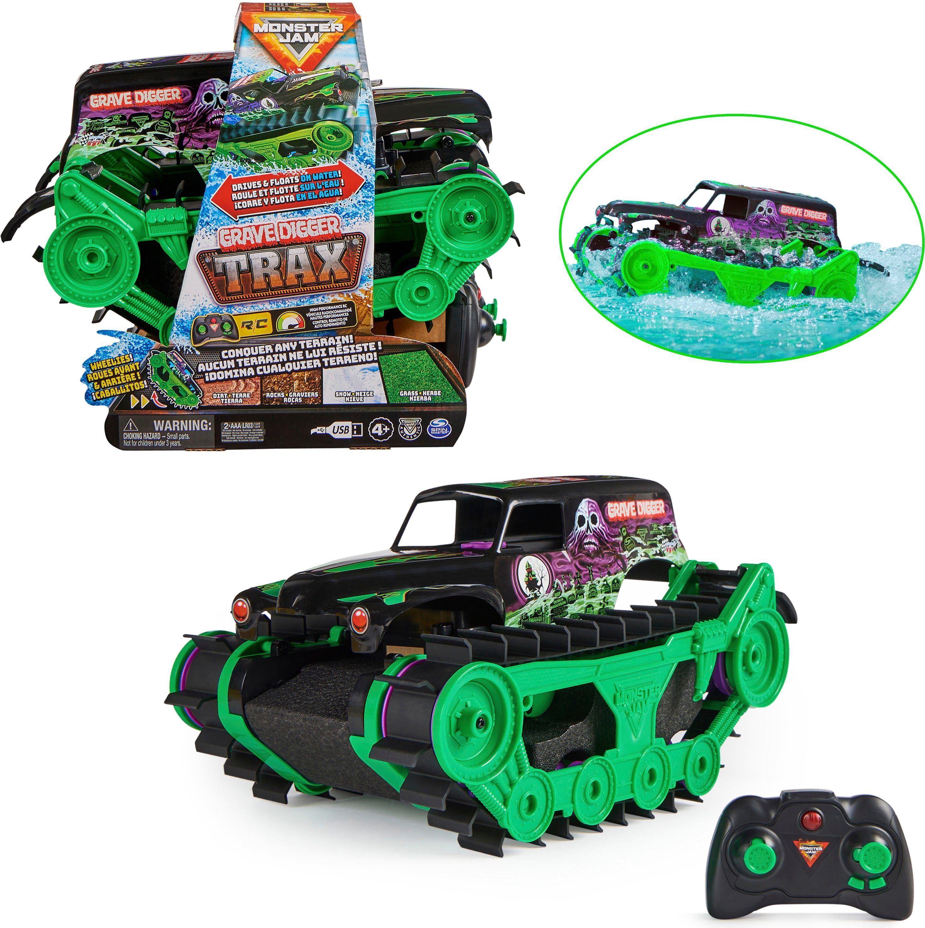 Spin Master RC-Monstertruck Monster Jam, Grave Digger Trax, All-Terrain-geländegängig an Land und im Wasser