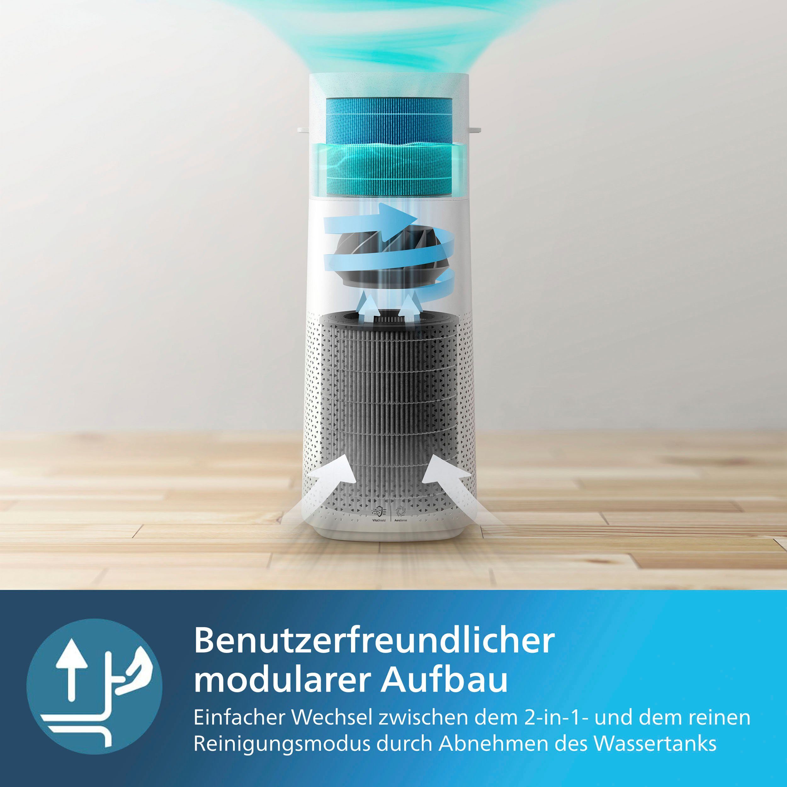 Philips Kombigerät Luftbefeuchter und -reiniger AC3737/10 3000 Series, für 131 m² Räume, mit 505 m³/h CADR und 650 ml/h Befeuchtungsrate, WLAN, Air+ App