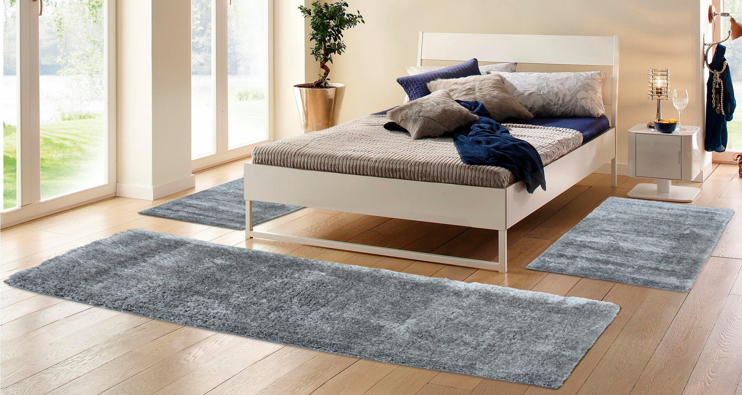 Bettumrandung Malin Home affaire, Höhe 43 mm, (3-tlg), Hochflor, Shaggy, Uni-Farben, leichter glanz, Microfaser, Pflegeleicht