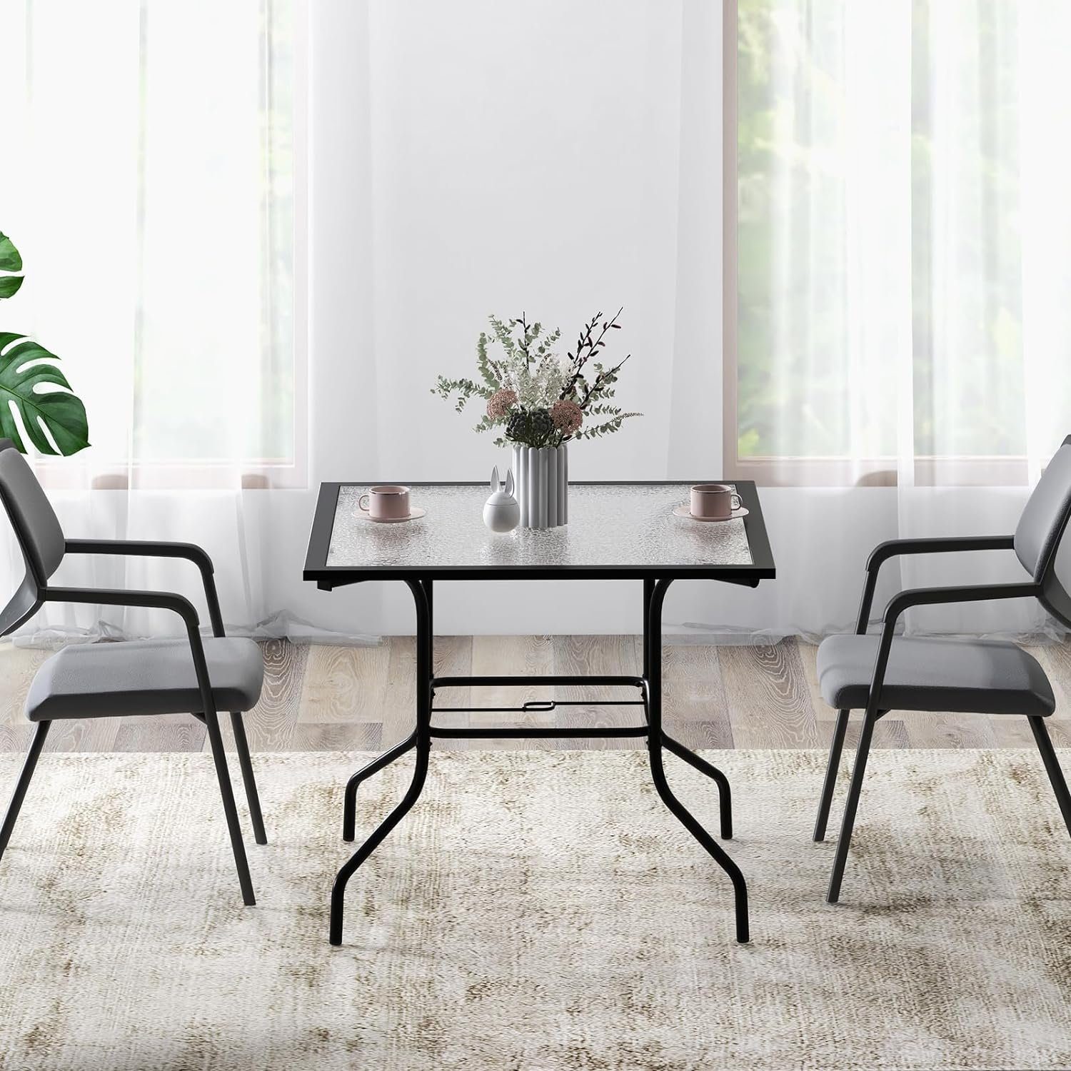 KOMFOTTEU Gartentisch Bistrotisch, mit Glasplatte & 38mm Schirmloch, 89×89 cm