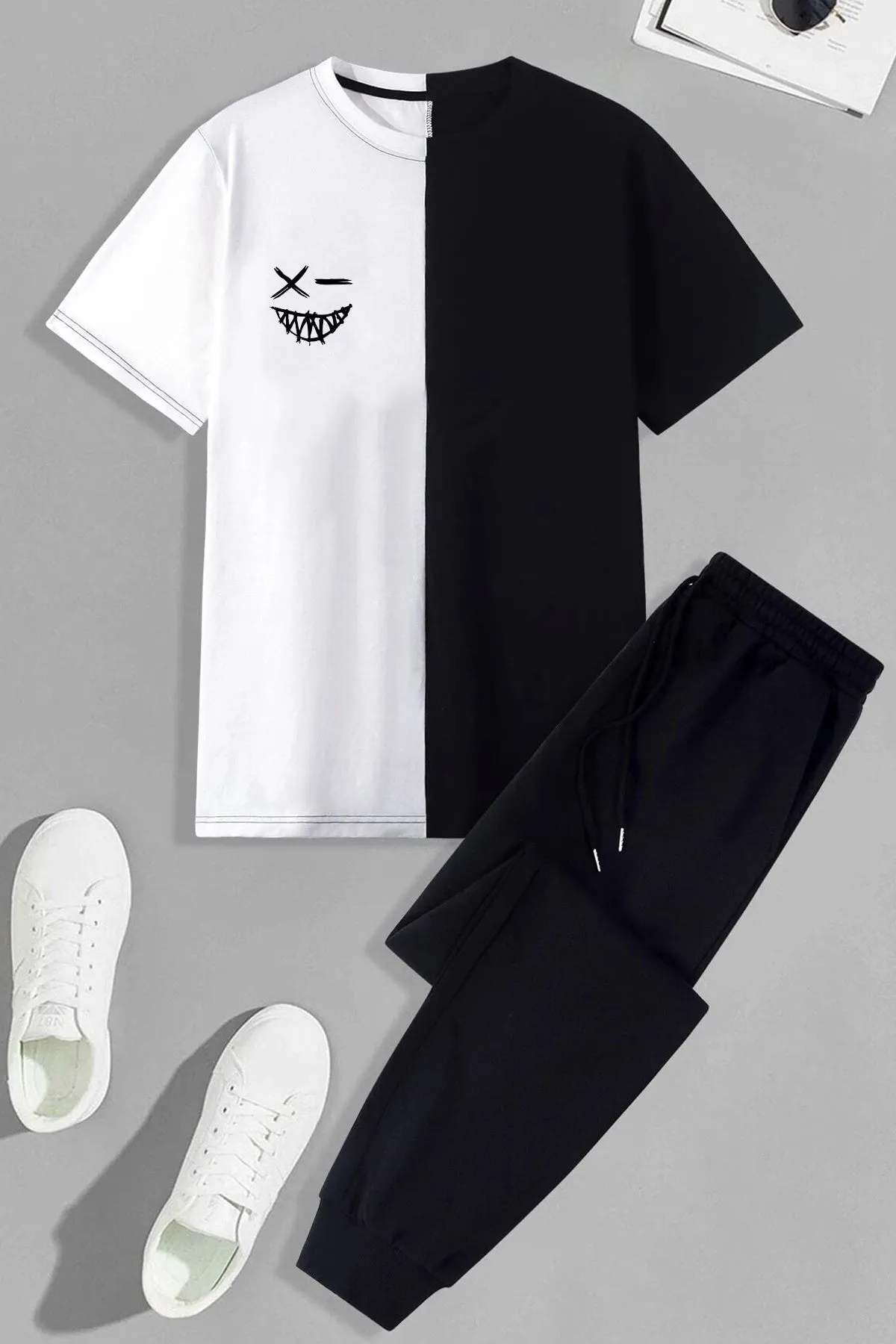 uyguntarz  2-teiliges Unisex-Trainingsanzug-Set mit Cartoon-Gesichts-Aufdruck