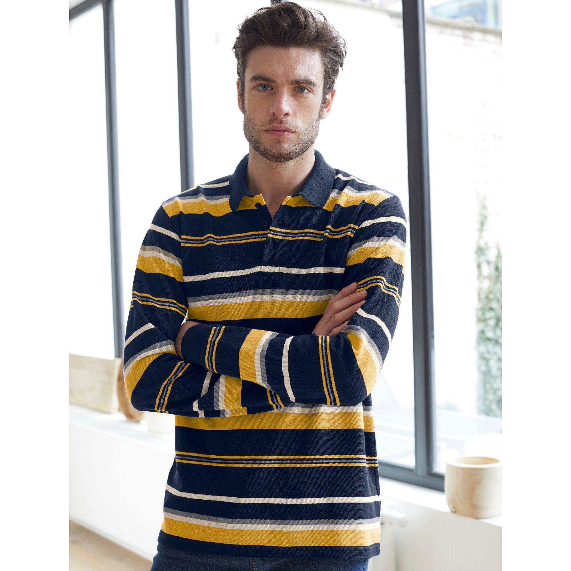 Polo maille piquée rayée, manches longues