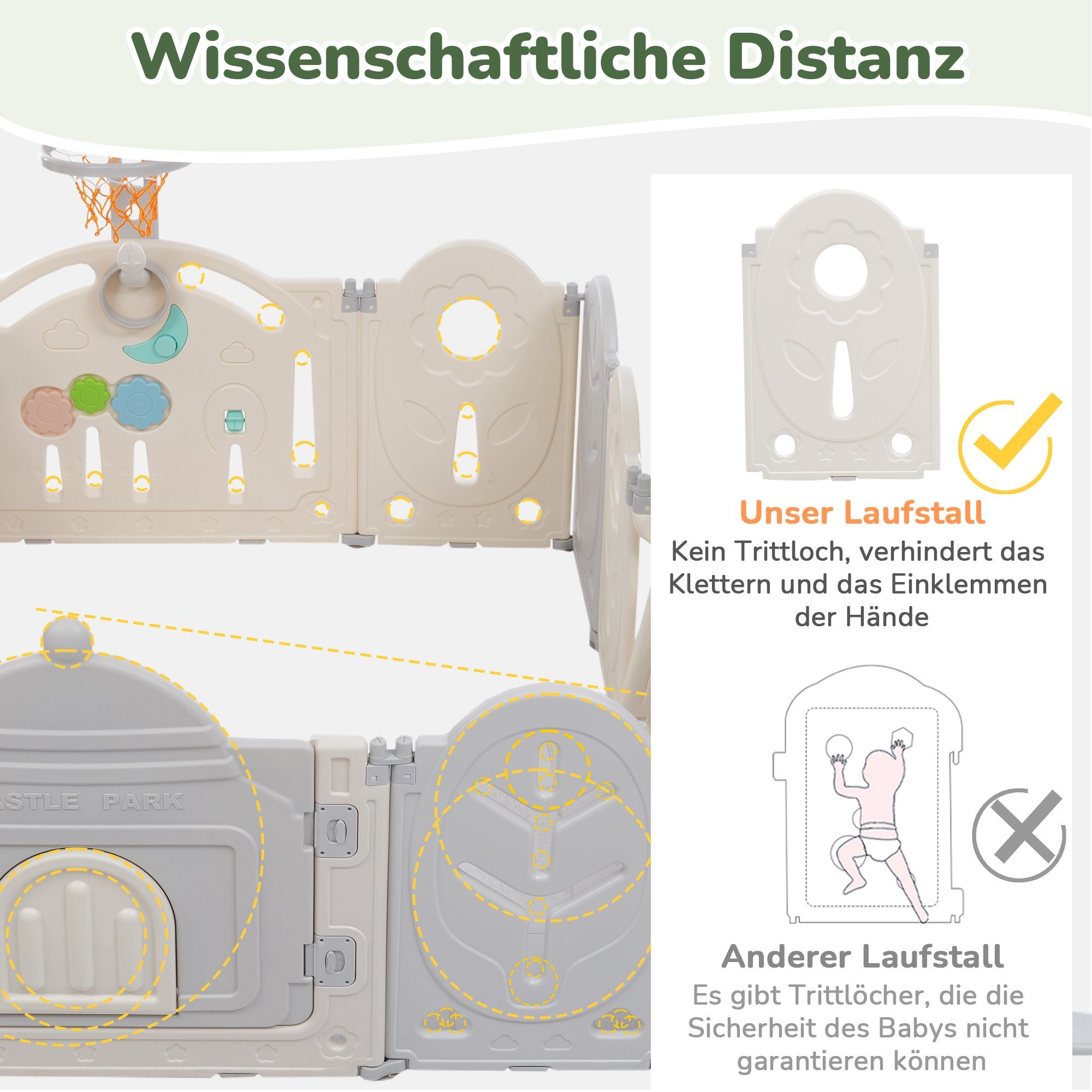 BlingBin Laufgitter 12+2Baby-Laufstall abnehmbar, faltbar (14-tlg), mit Tür, Spielbrett, Basketballkorb und Kinderschaukel, 200*160*90cm