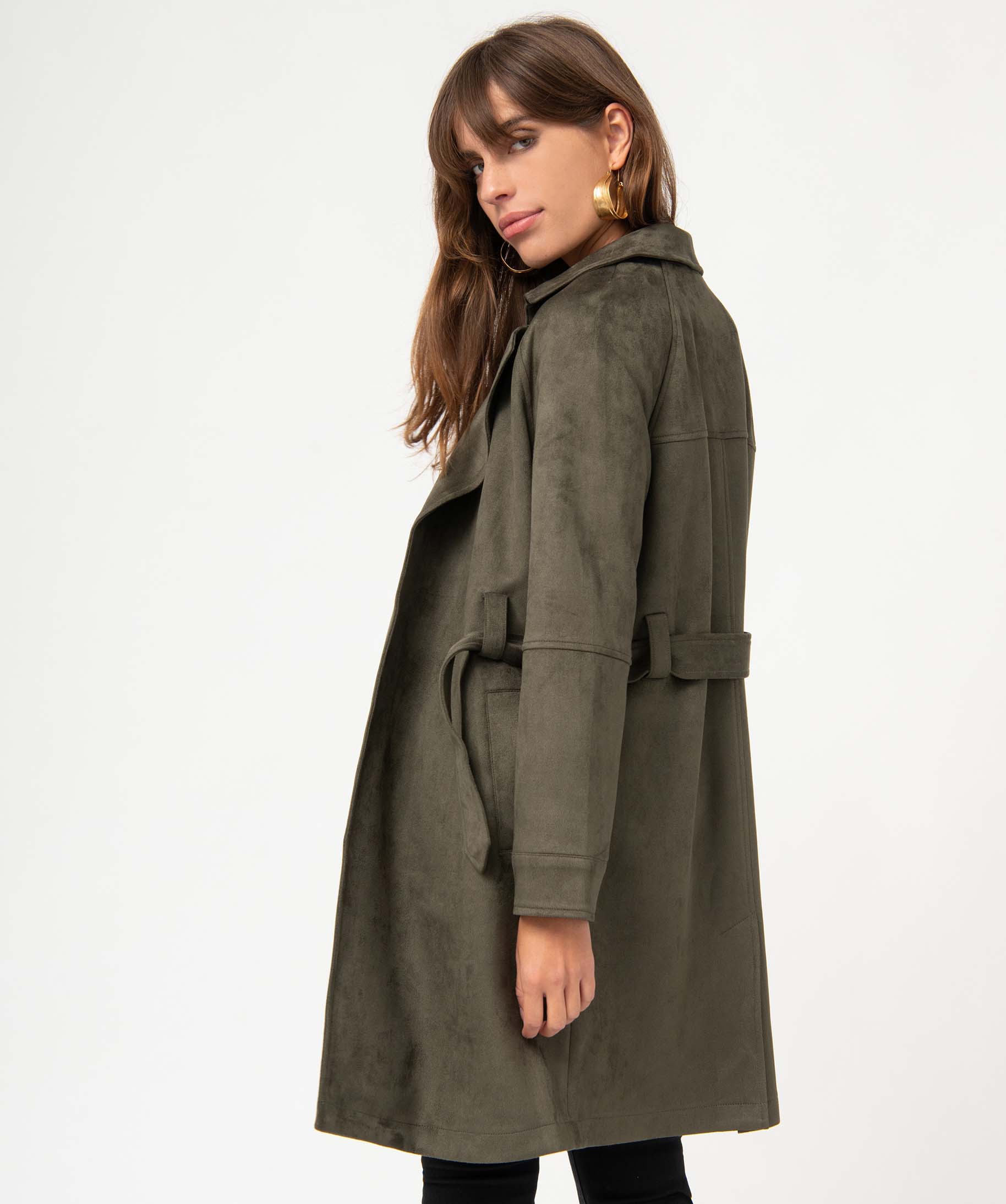 Manteau trench en suédine avec ceinture femme kaki | GEMO