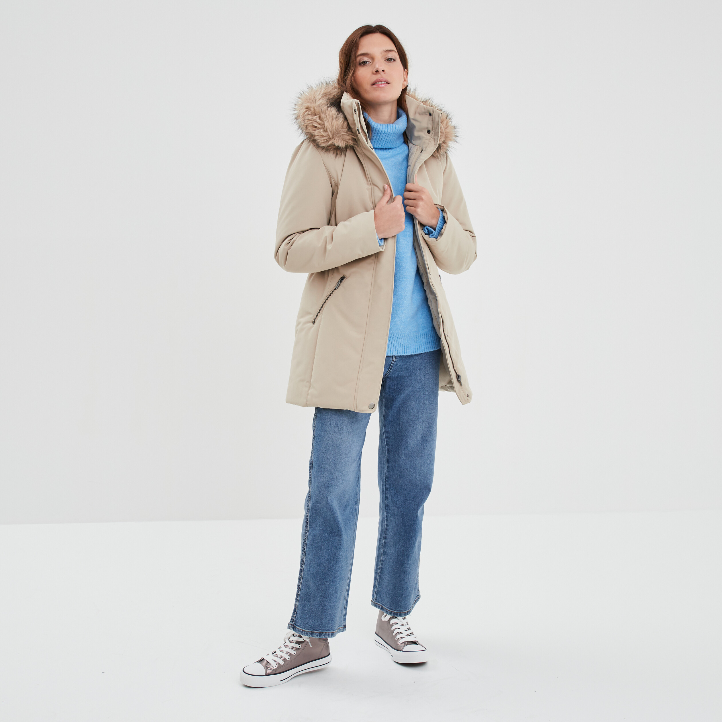 Parka mi-longue à capuche fourrure beige femme | La Halle