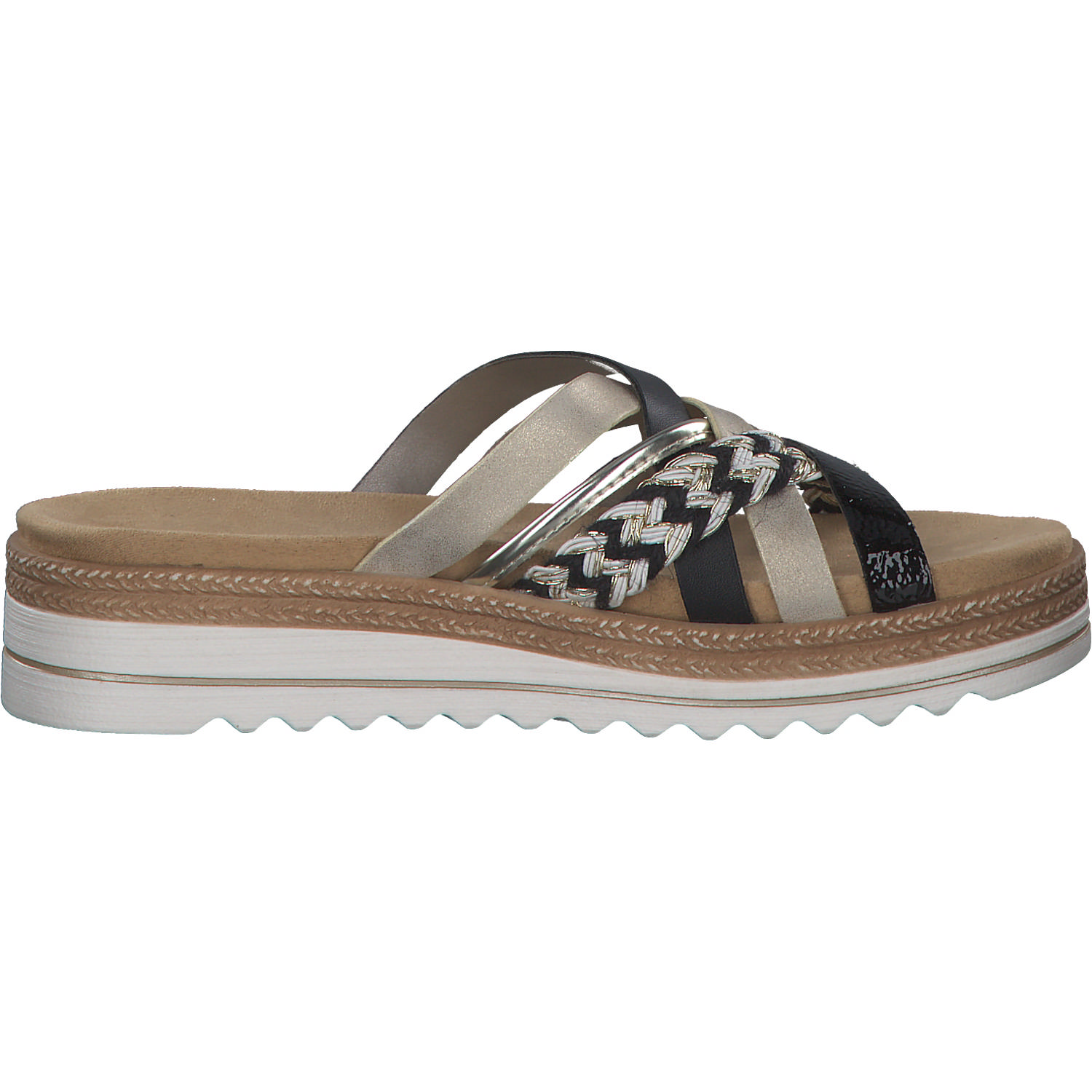 Remonte D0Q50, Plateau-Pantoletten, Damen, schwarz-weiss-gold/gold/musche