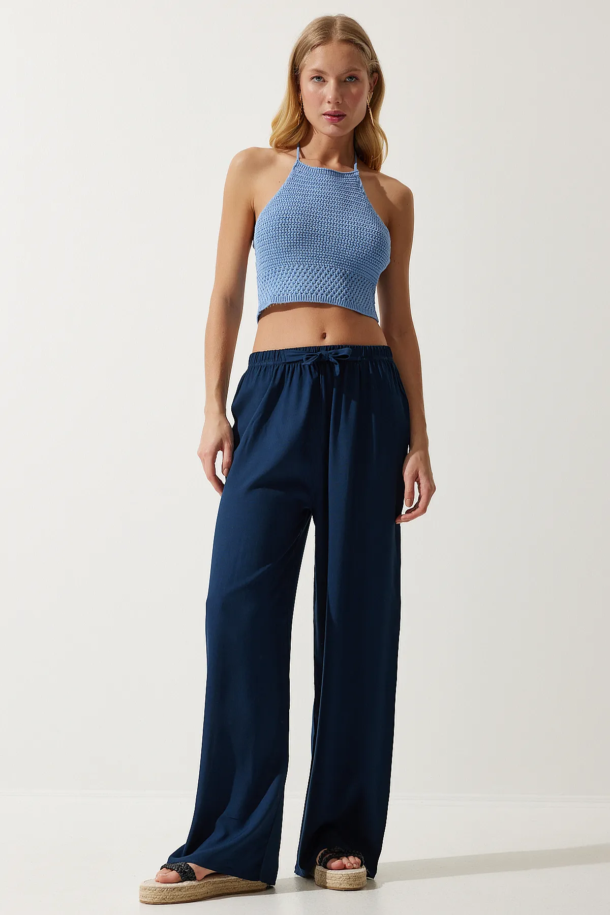 Happiness İstanbul  Marineblaue Palazzo-Hose aus Viskose für Damen im Sommer EN00610