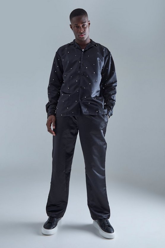 Langärmliges verziertes Satin-Hemd und Hose