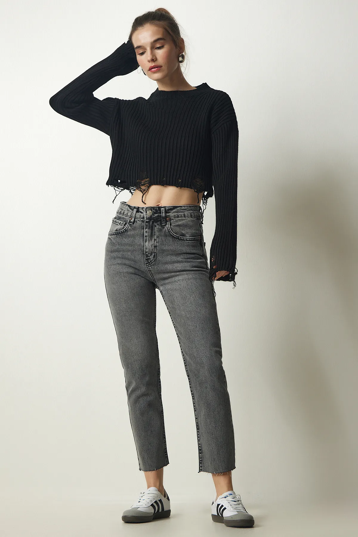 Happiness İstanbul  Graue Damen-Jeanshose mit hohem Bund CB00015