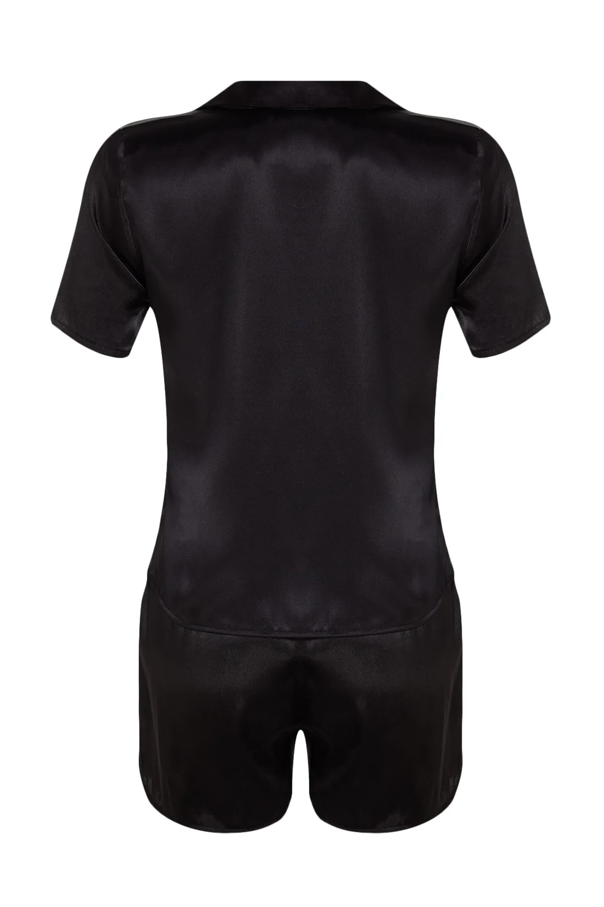 Trendyol Collection  Schwarzes, besticktes Satin-Hemd-Shorts-Pyjama-Set aus Webstoff THMSS22PT0395