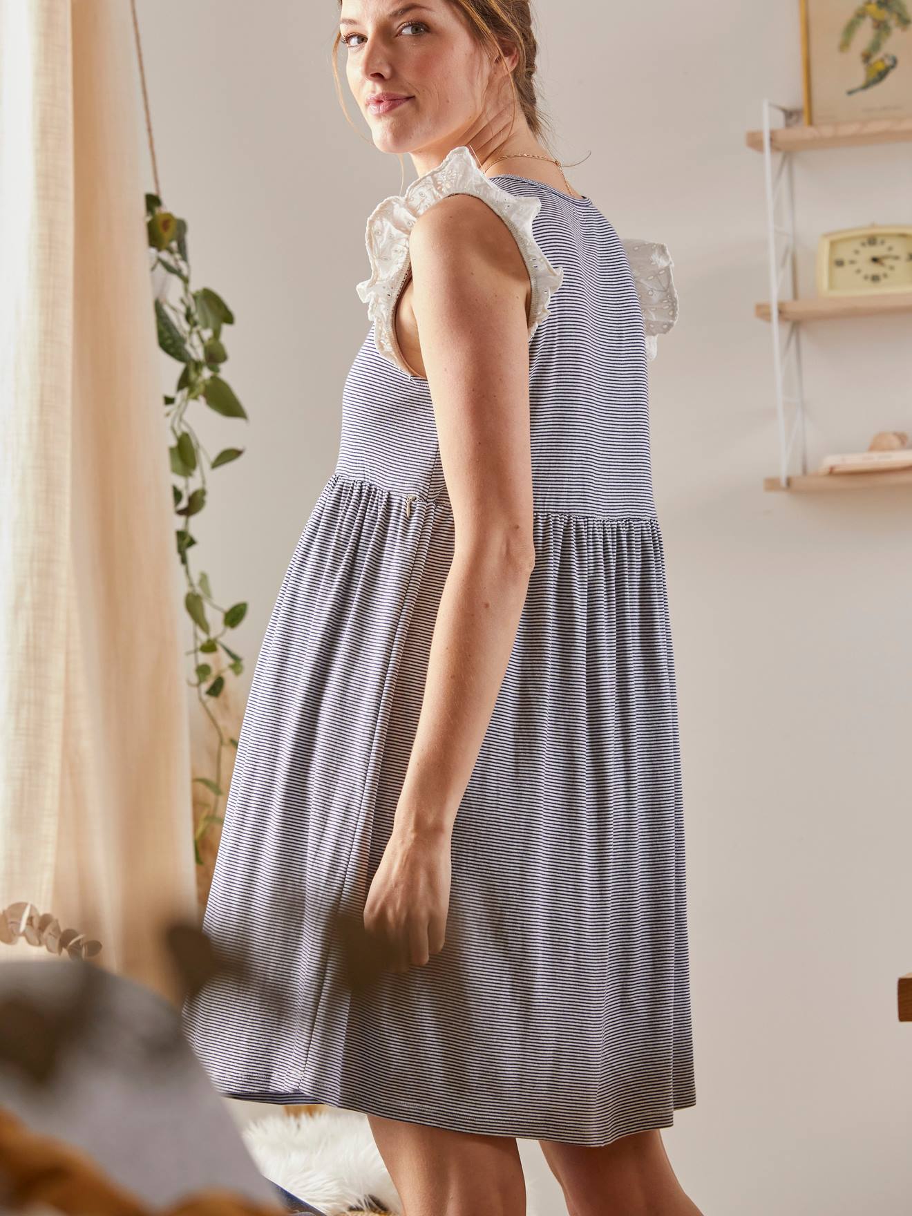Robe courte sans manches grossesse et allaitement rayée blanc et bleu