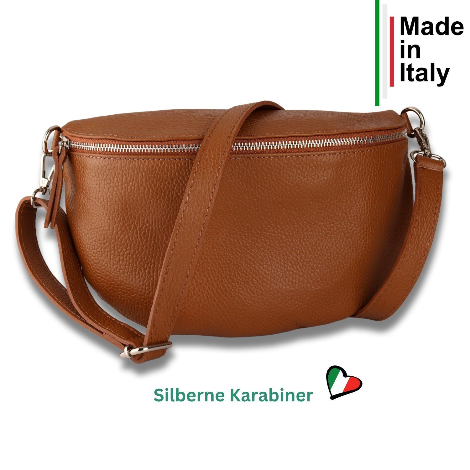 MIRROSI Bauchtasche Damen, Echtleder, Leder, Made in Italy, Umhängetasche, Brusttasche, (Schultertasche für jeden Anlass (1 Tasche & 2 Gurte), Damen Taschen, 3 Größen auswählbar), Crossbody Bag, Cognac Braun, verstellbaren Schulterriemen