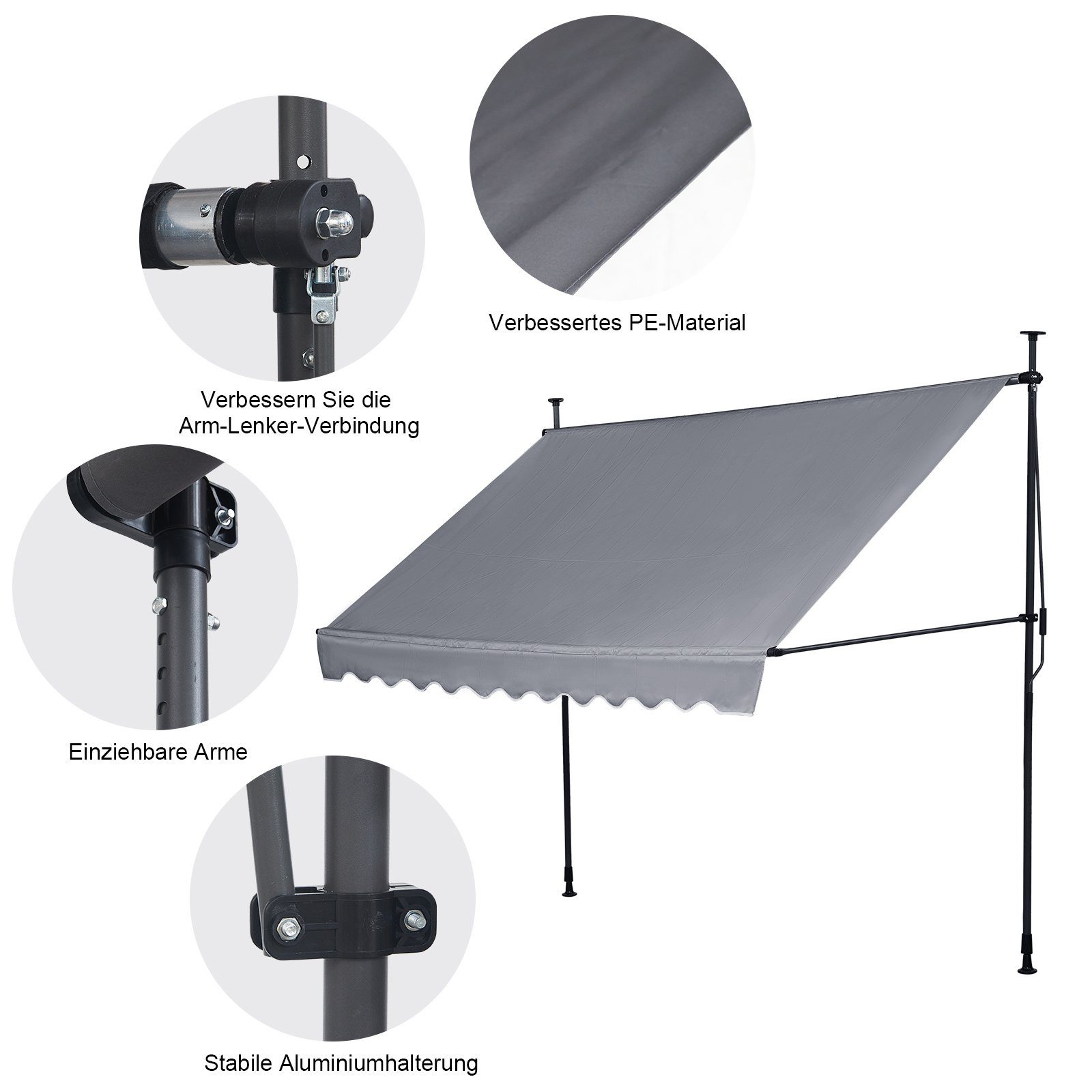 LEMROE Klemmmarkise 200-300cm Balkon Sonnenschutz mit Handkurbel