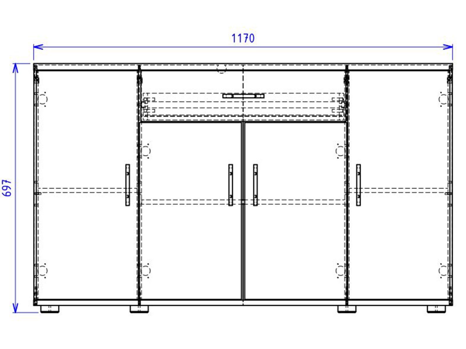 möbelando Sideboard Lissy, Sideboard aus Spanplatte in weiß mit 4 Türen, 3 Einlegeböden und 1 Schubkasten. Breite 118 cm, Höhe 70 cm, Tiefe 30 cm.