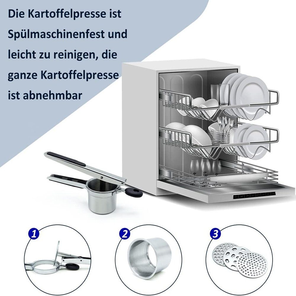 GLIESE Kartoffelpresse Kartoffelpresse Spätzlepresse Spaghettieispresse mit 3 Locheinsätzen, Edelstahl