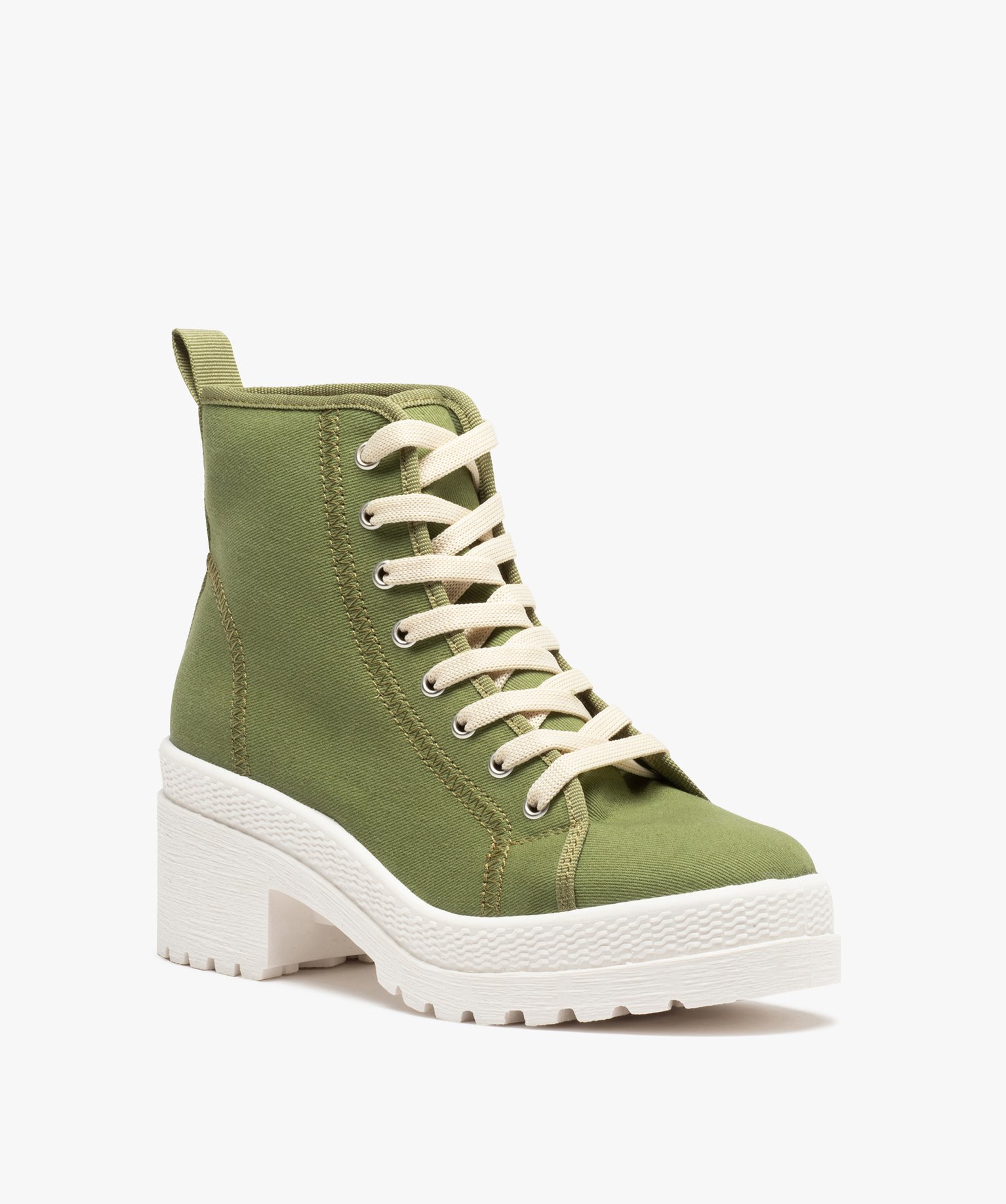 Tennis femme mid-cut en toile unie à talon et semelle crantée kaki | GEMO