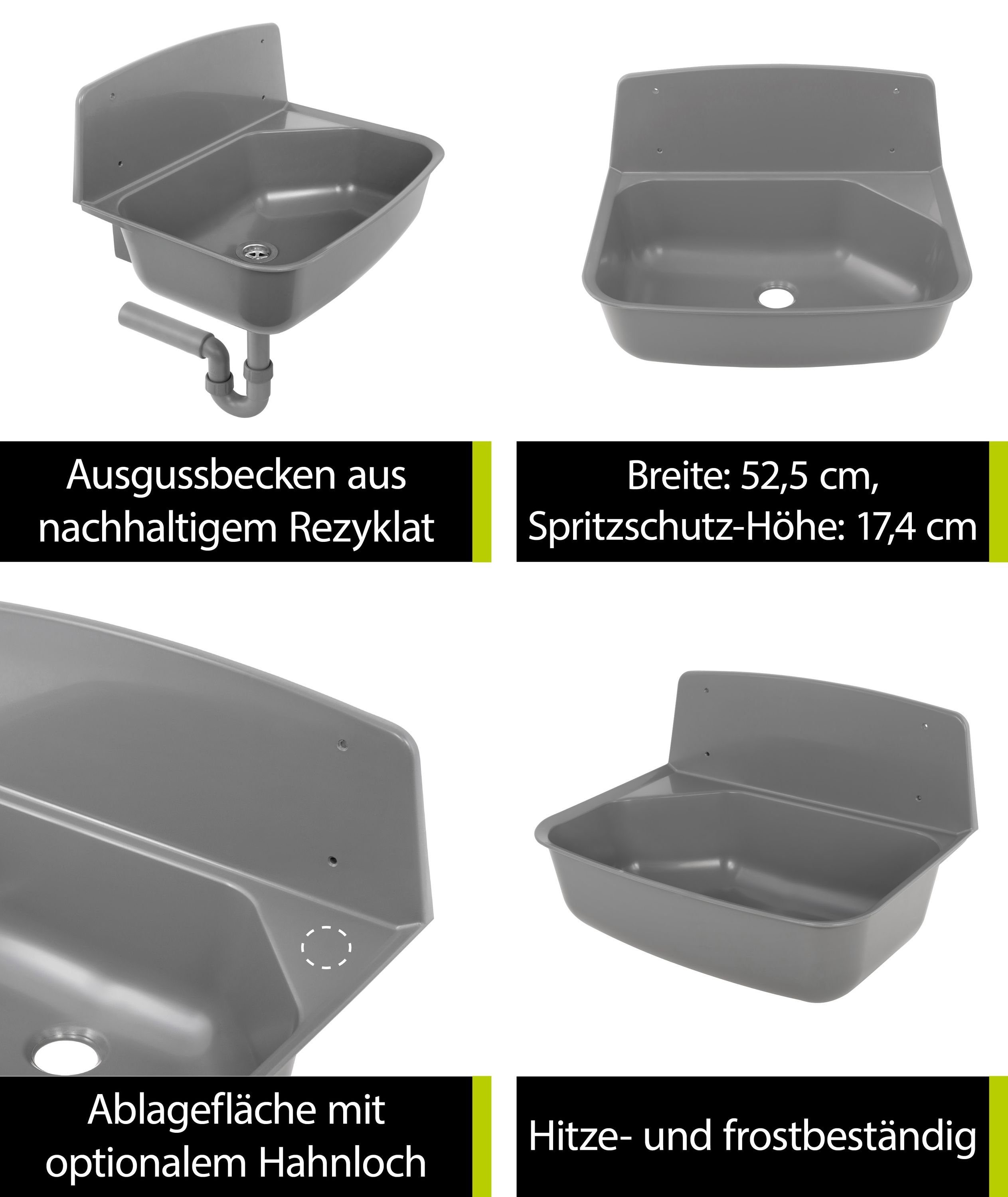 aquaSu Waschbecken Greena (Komplett-Set, mit Siphon, Edelstahl-Sieb, Spritzschutz, aus Deutschland), nachhaltig aus recyceltem Kunststoff, Produkt des Jahres DIY-Magazin