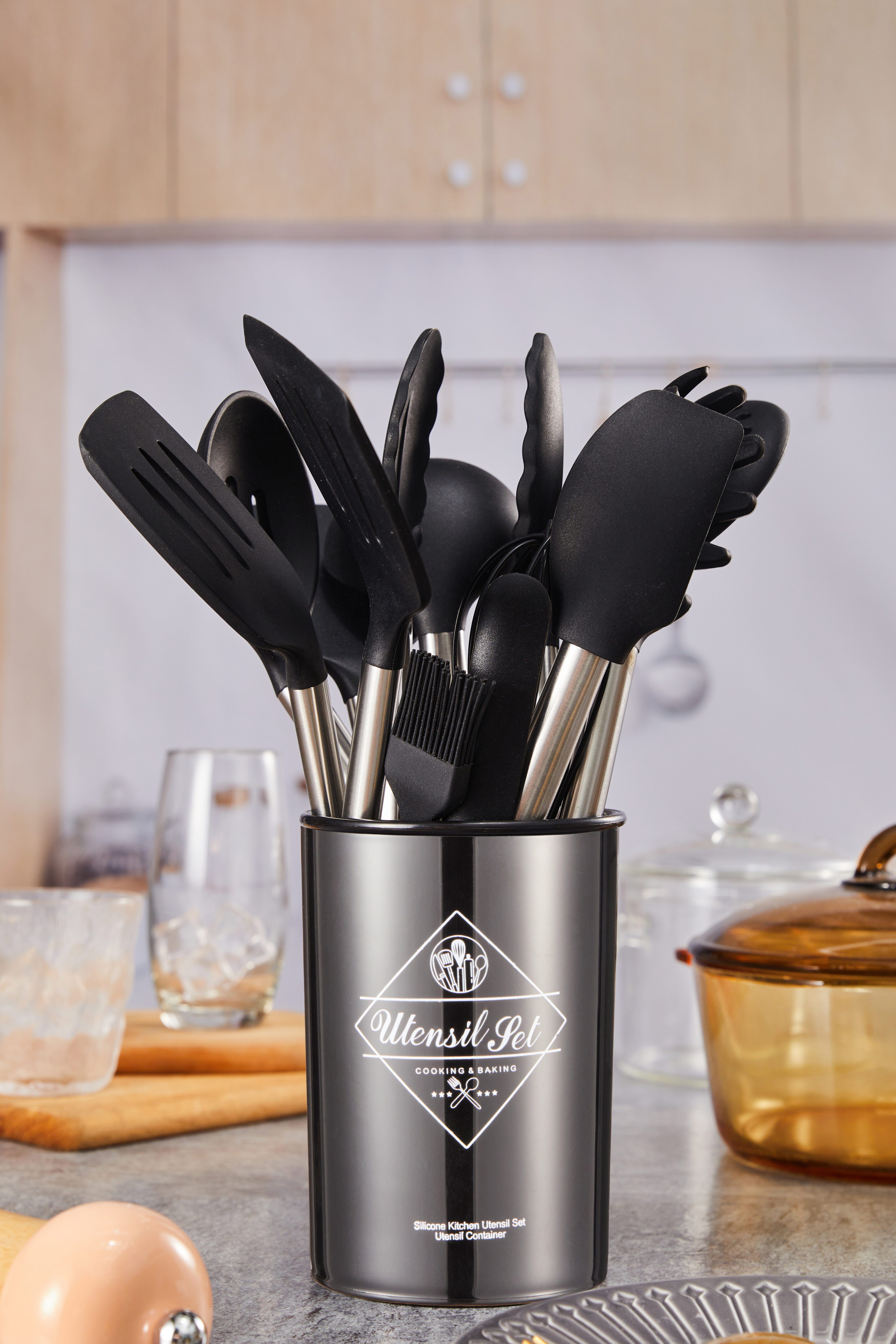 esyBe Kochbesteck-Set Silikon Küchenutensilien Set, Küchenhelfer, Küchengerät, Schwarz (13-tlg), Antihaftbeschichtet, Hitzebeständig