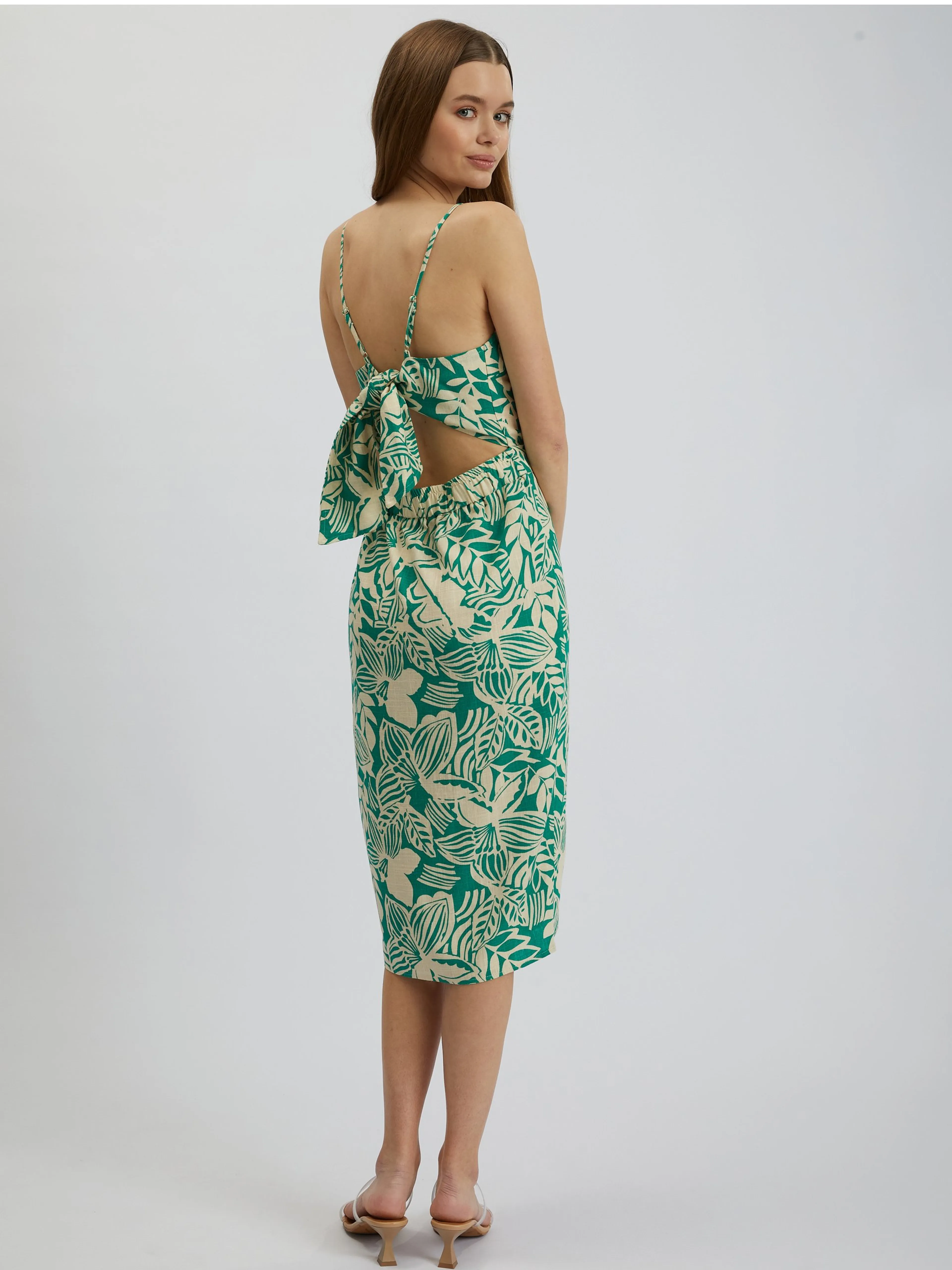 Cremefarbenes und grünes gemustertes Damen-Midikleid aus Leinen ORSAY