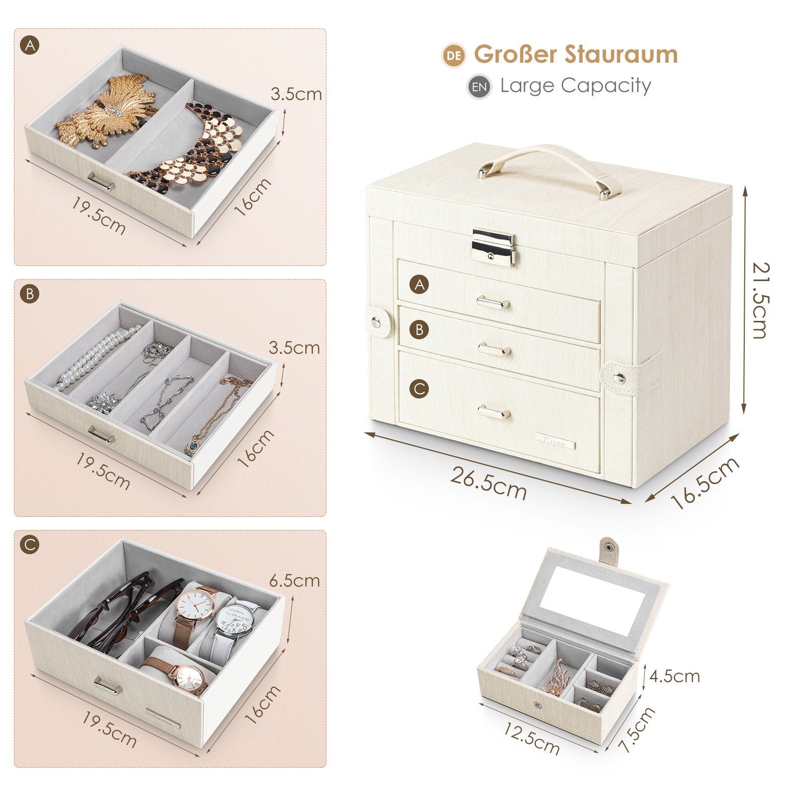 Yorbay Schmuckkasten Schmuckkoffer mit 4 Ebenen/2 Seitenfächern, Cremeweiß mit Holzmaserung (Abschließbar, Mit herausnehmbarer Mini-Box, Mit Spiegel), Schmuckkästchen für Halsketten/Uhren/Ringe/Armbänder/Ohrringe/Brille