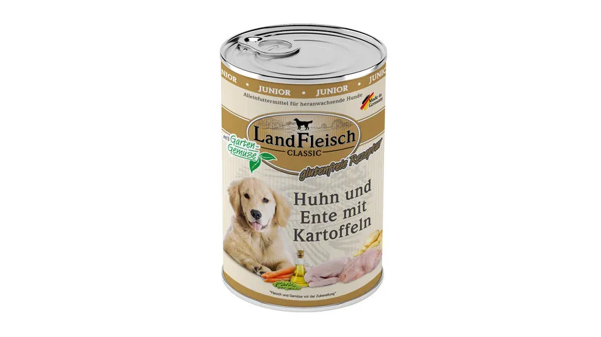 LandFleisch Classic Junior Hundenassfutter Huhn, Ente und Kartoffeln mit Gartengemüse 400 g