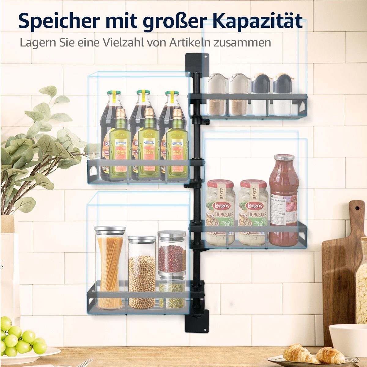 MULISOFT Gewürzregal Küchenregal für Gewürze, mit Höhenverstellbar 180-Grad-Drehung, Gewürzregal Wand, 4 Etagen Rostfrei Gewürzständer